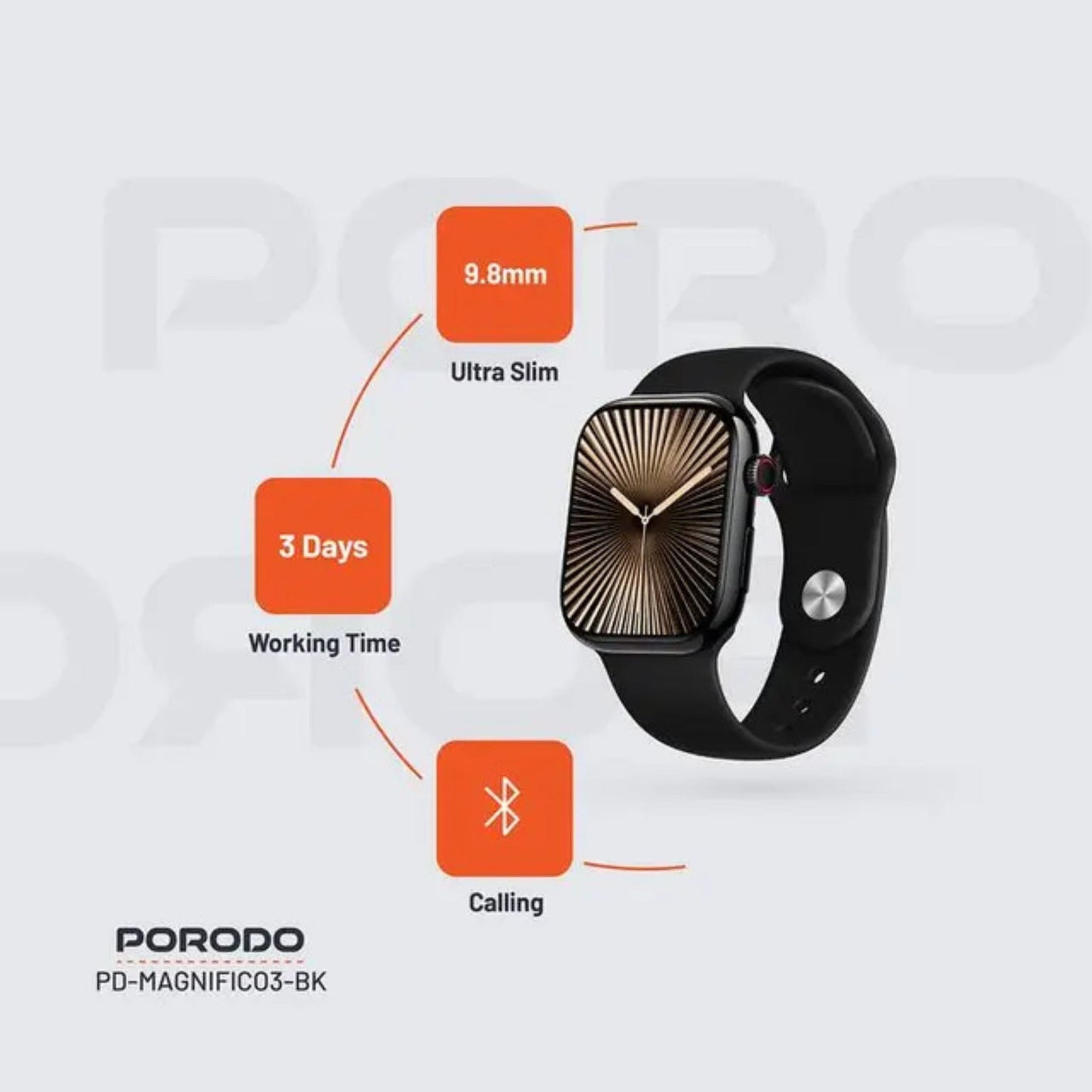 Porodo Magnifico 3 Smart Watch with Dual Straps, Up to 5 Days of Working Time Activity Tracker & Health Monitoring, Music Control, Apps Notification, Camera Shutter, Multiple Sports Mode - Black