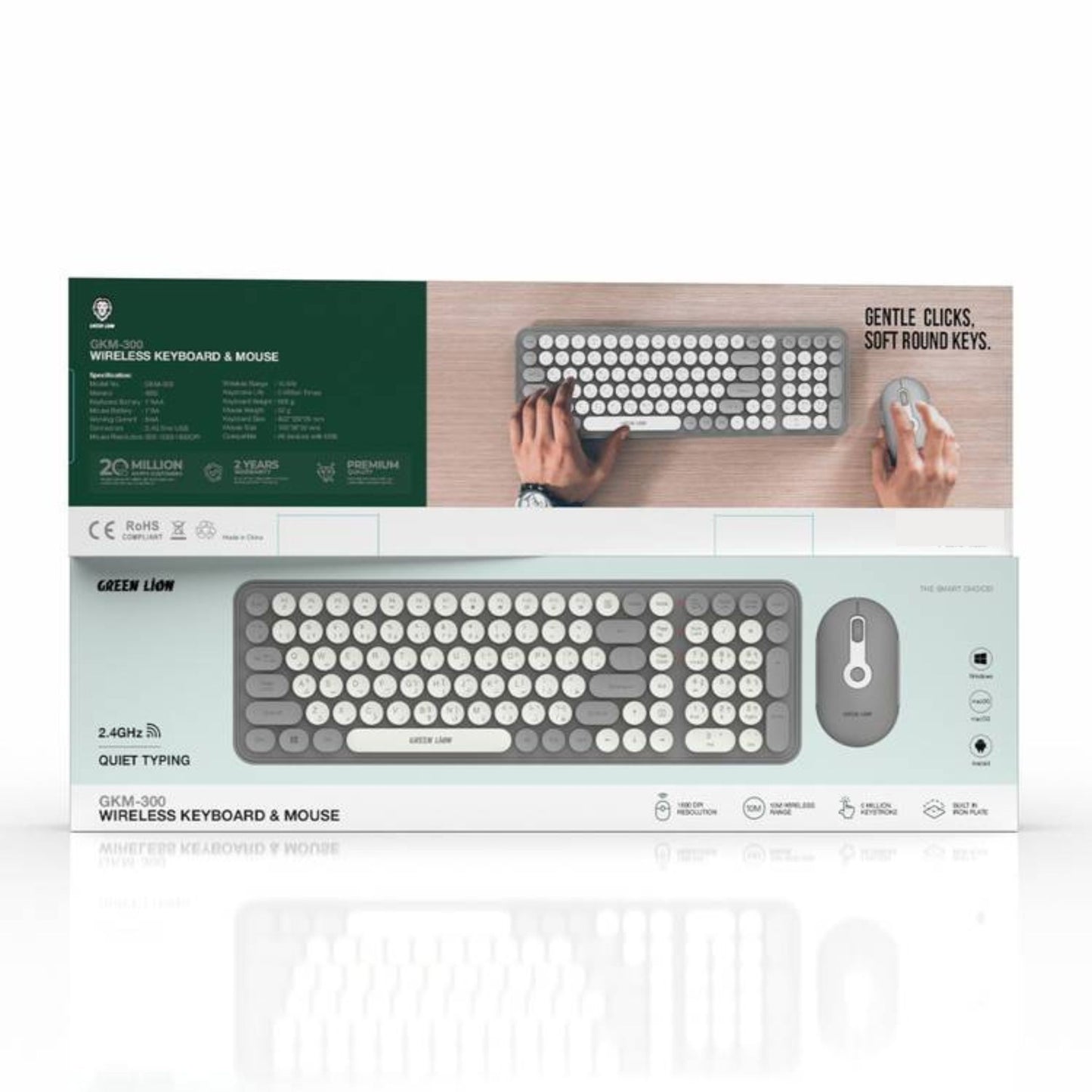 Green Lion GKM-300 Wireless Keyboard & Mouse with Built-in Iron Plate, Quiet Typing, 5 Million Keystrokes, 1600 DPI Mouse Resolution, 10m Wireless Range - Gray