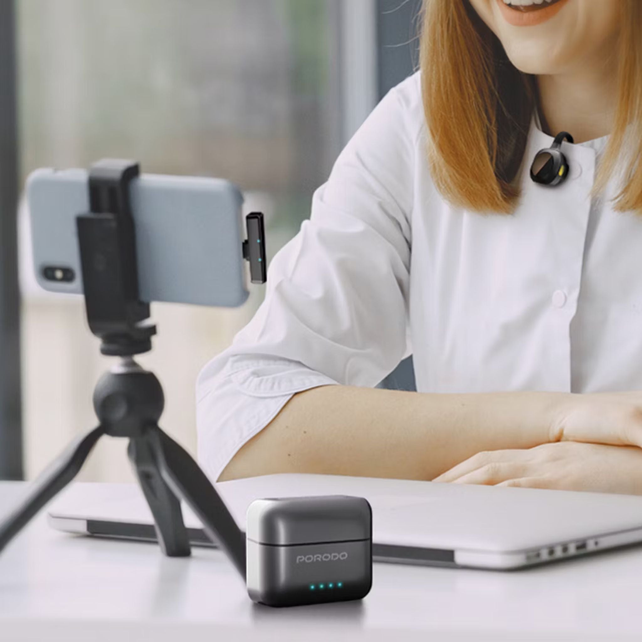 Porodo Movo Dual Lavalier Microphones – Type-C Connector, Precise Reverb, 1h Fast Charging, Up to 5h Use, 650mAh Charging Case, 55mAh Mic Battery, 15–20m Transmission, Crystal-Clear Audio, Auto-Pairing & Instant Wireless Setup – Black