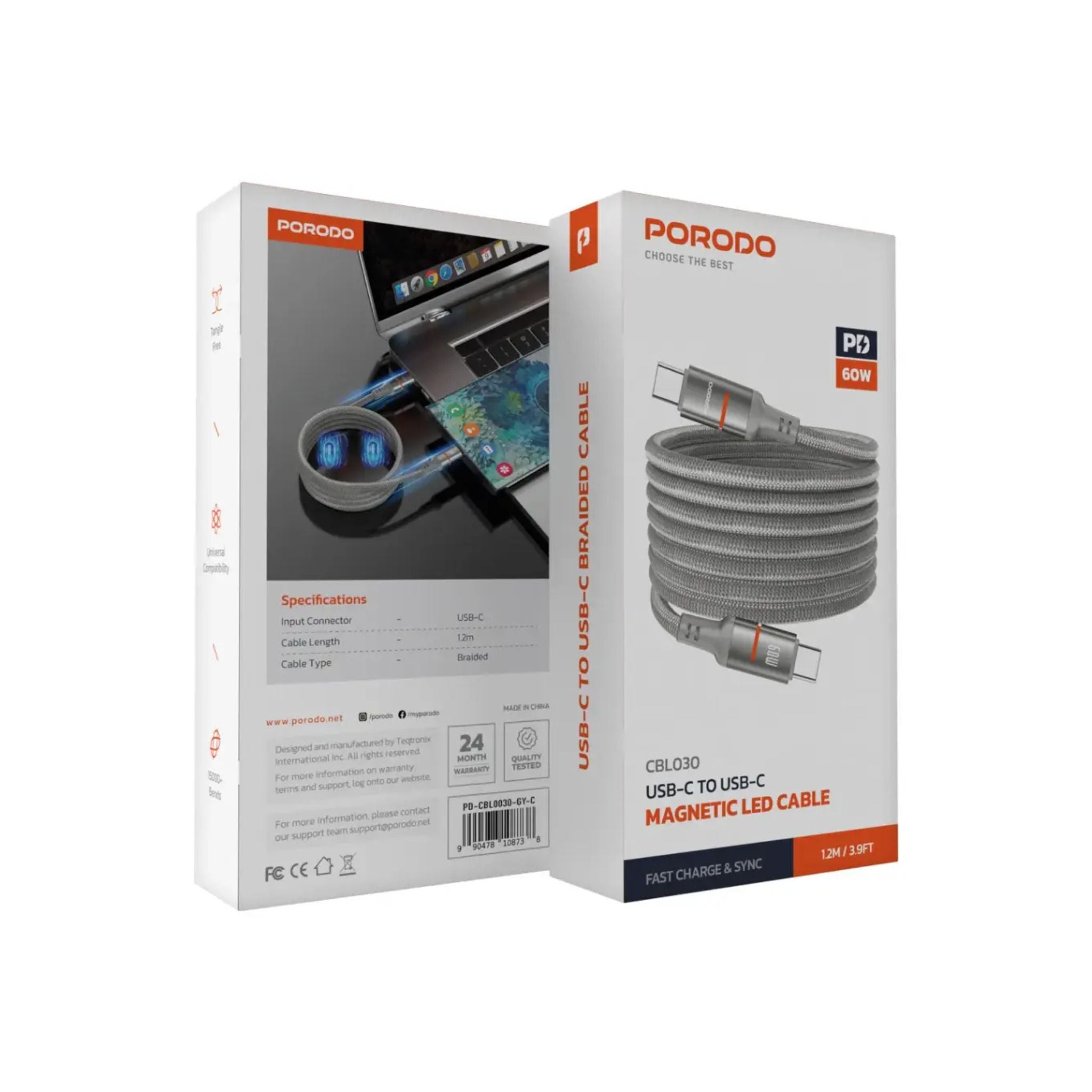 Porodo Type-C to Type-C Magnetic Braided Cable with 30W Power Delivery, 1.2m Cable Length, More than 15,000 Bends Lifespan, Tangle-Free Design - Gray