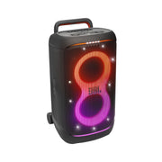 Portable speaker with colorful lighting effects on a white background