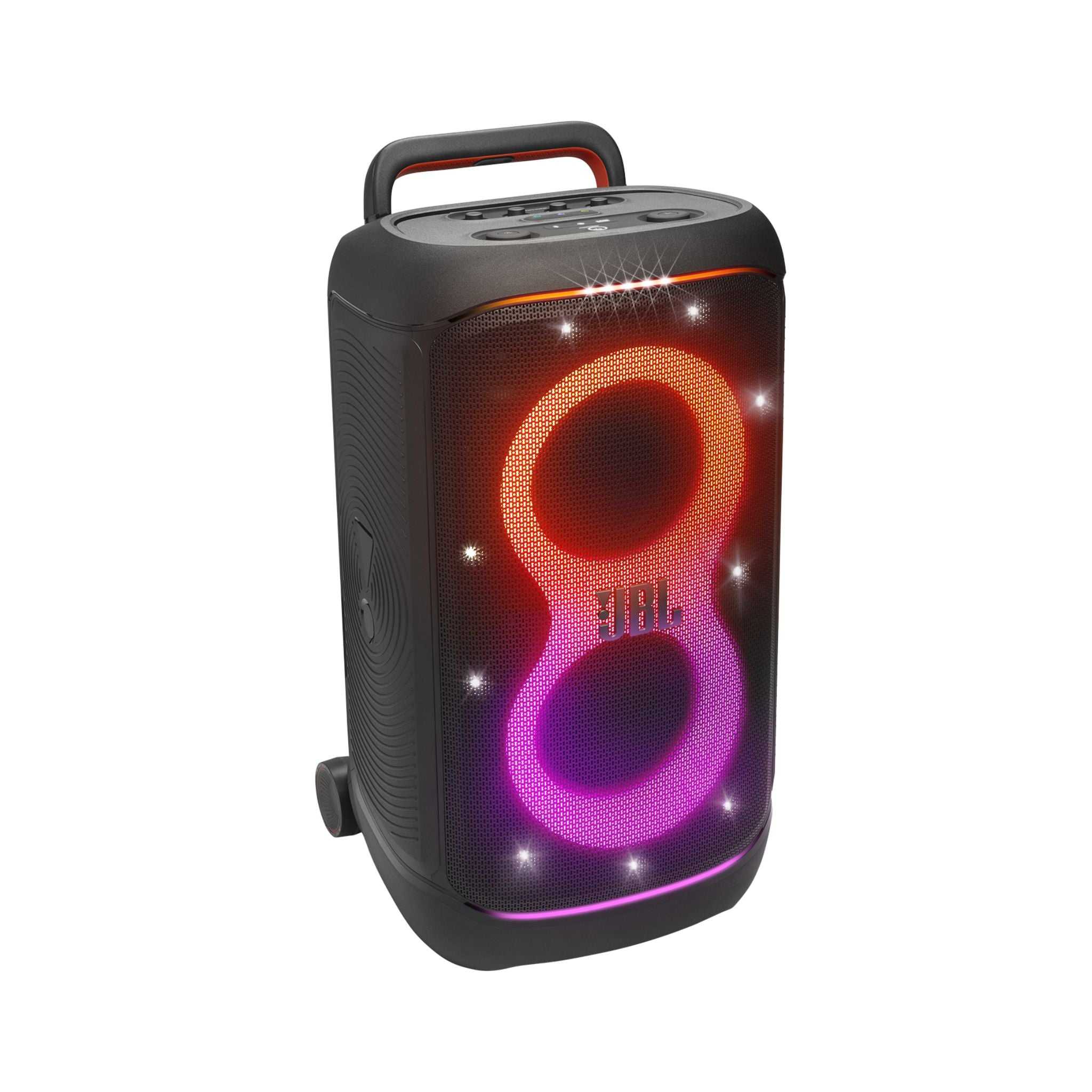Portable speaker with colorful lighting effects on a white background