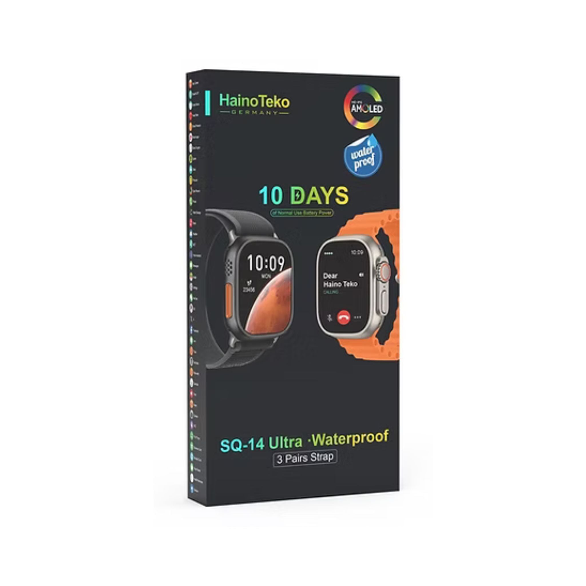 Haino Teko SQ-14 Ultra Waterproof Smartwatch with Large Screen AMOLED Display 10-Day Battery Life and 3 Pair Straps Designed For Ladies and Gents - Black