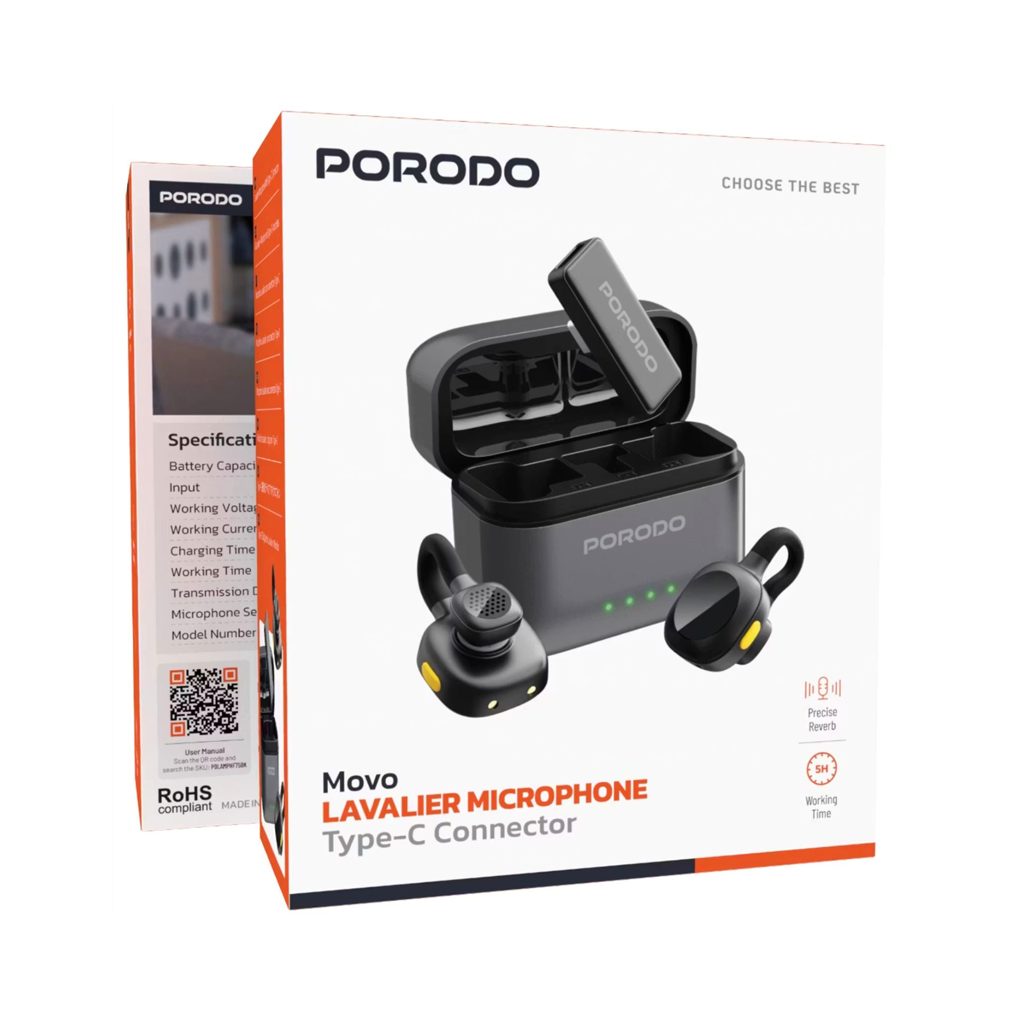 Porodo Movo Dual Lavalier Microphones – Type-C Connector, Precise Reverb, 1h Fast Charging, Up to 5h Use, 650mAh Charging Case, 55mAh Mic Battery, 15–20m Transmission, Crystal-Clear Audio, Auto-Pairing & Instant Wireless Setup – Black