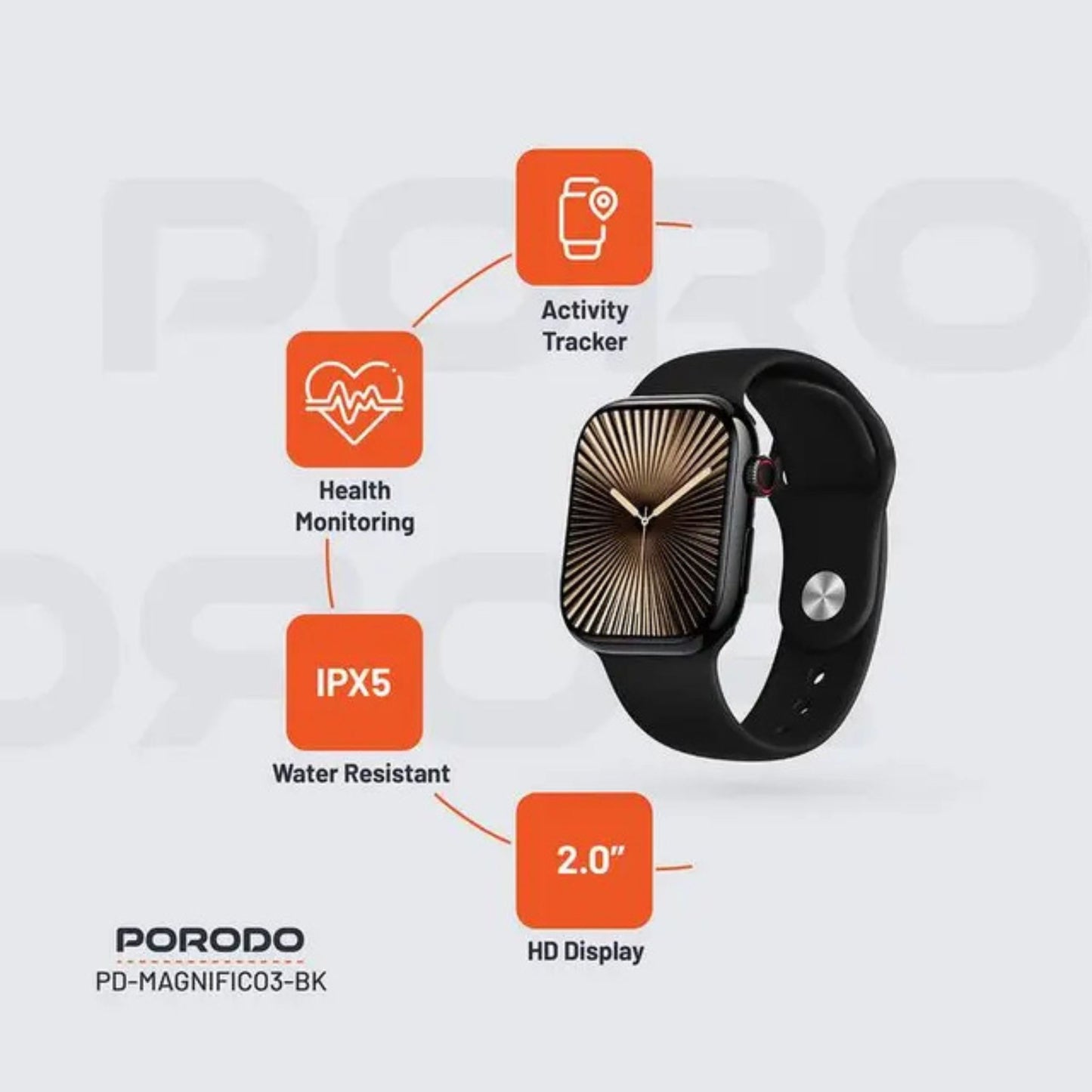 Porodo Magnifico 3 Smart Watch with Dual Straps, Up to 5 Days of Working Time Activity Tracker & Health Monitoring, Music Control, Apps Notification, Camera Shutter, Multiple Sports Mode - Black