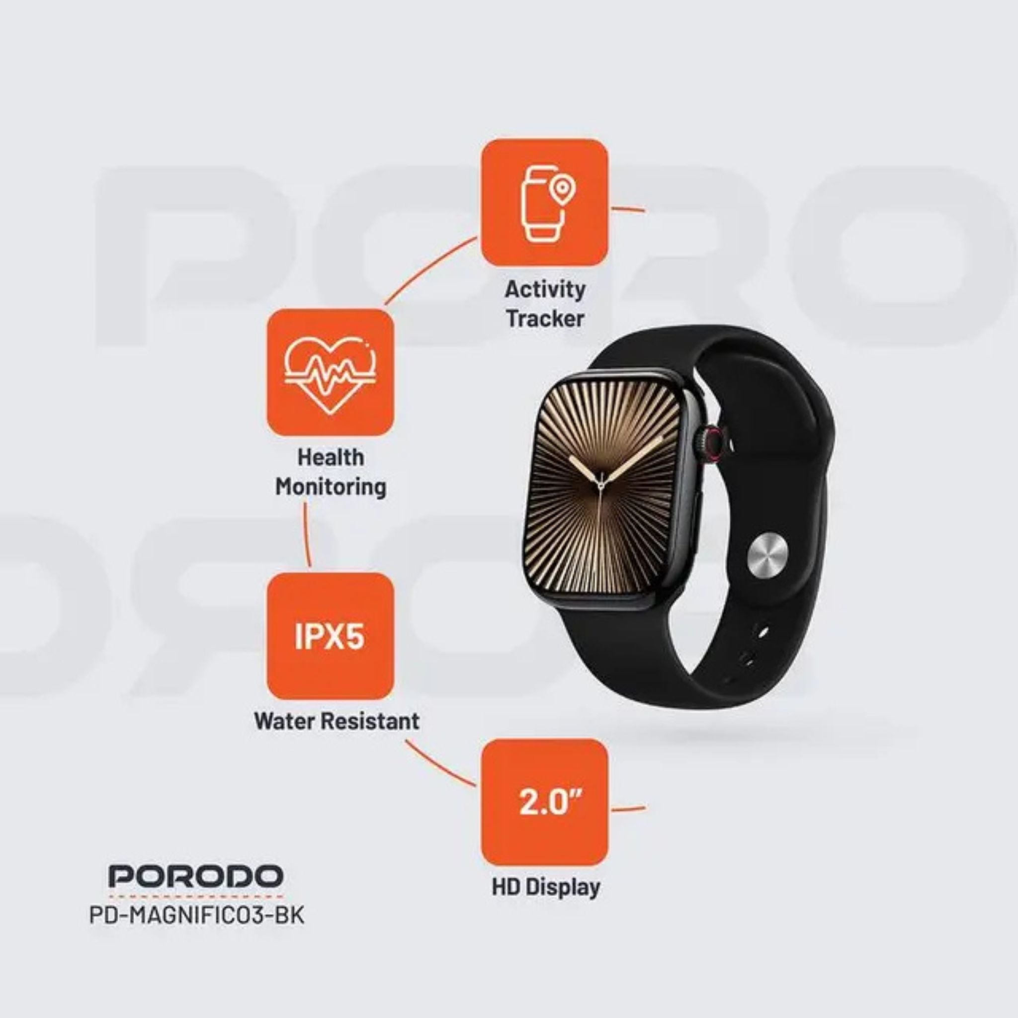 Porodo Magnifico 3 Smart Watch with Dual Straps, Up to 5 Days of Working Time Activity Tracker & Health Monitoring, Music Control, Apps Notification, Camera Shutter, Multiple Sports Mode - Black