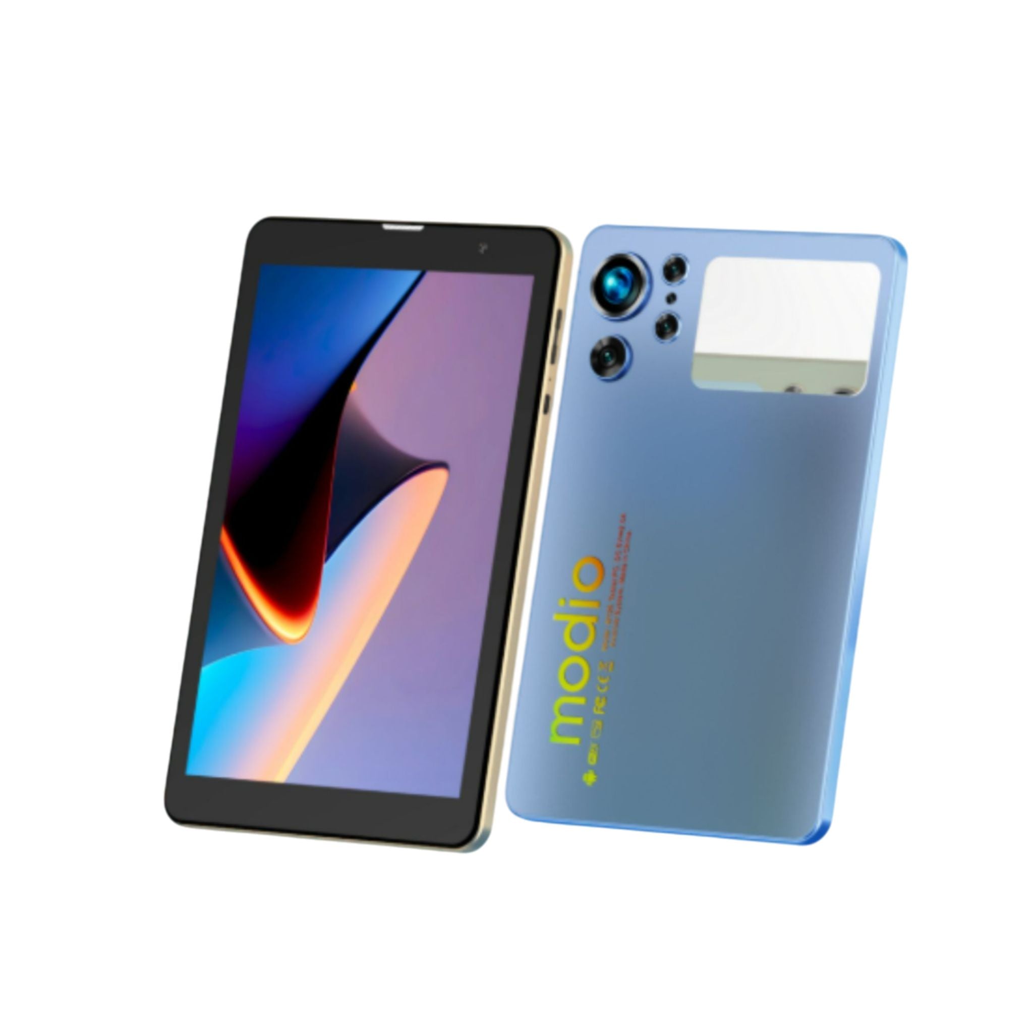 Tablet with front and back views on a white background, displaying the Modlo brand.