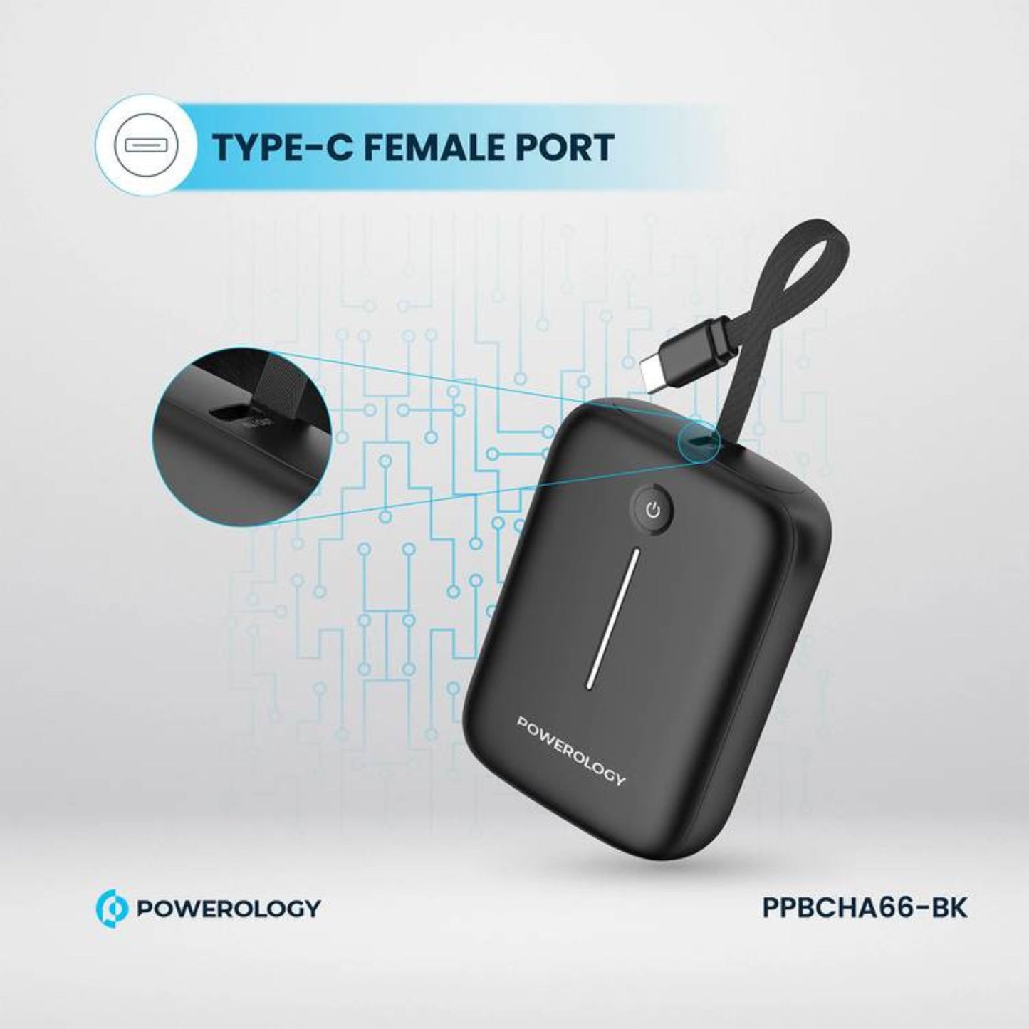 Powerology 10000mAh Power Bank with Detachable USB-C Wire, 20W Power Delivery, 3-Device Charging, Long Time Standby, Universal Phone Compatibility, Built-in Safeguards - Black