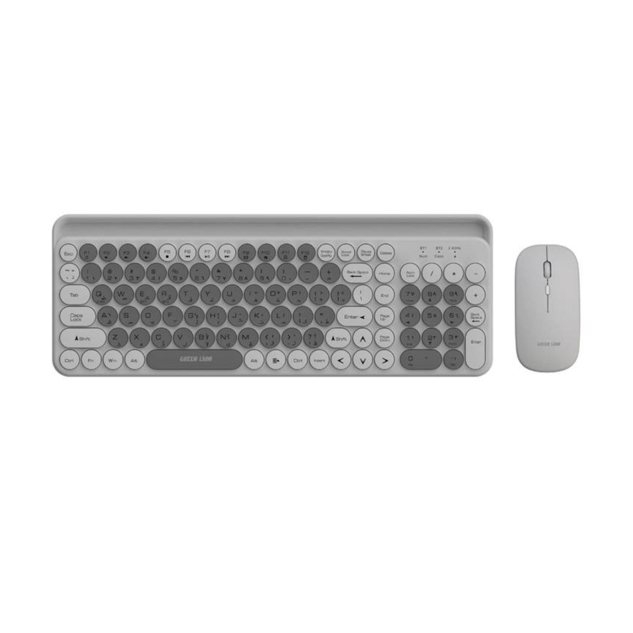 A wireless duo set of a keyboard and mouse, both in grey color, with the keyboard having round keys and a wireless Nano USB receiver.