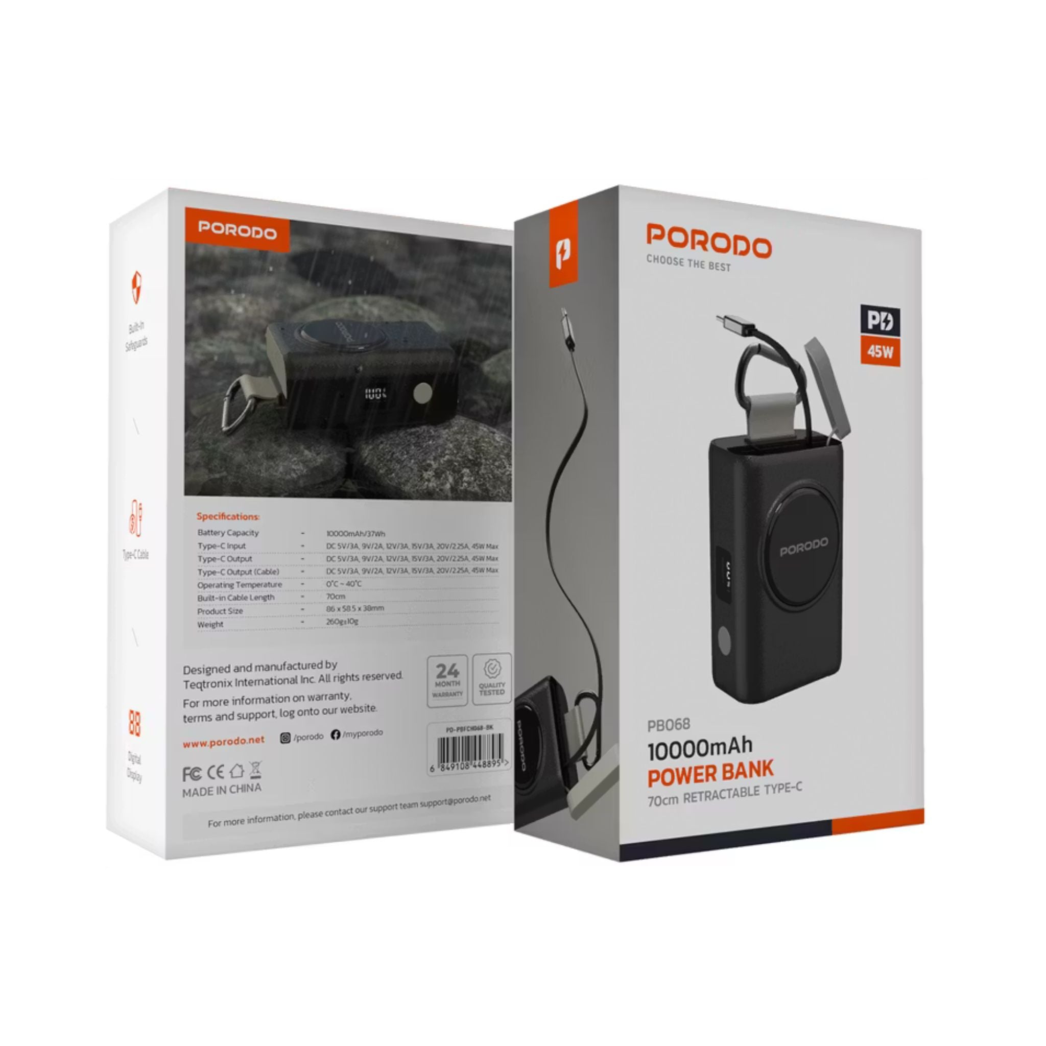 Porodo 10000mAh Power Bank with 70cm Retractable Type-C Cable, 45W Power Delivery, Built-in Safeguards, Digital Display, 0-40°C Operating Temperature - Black