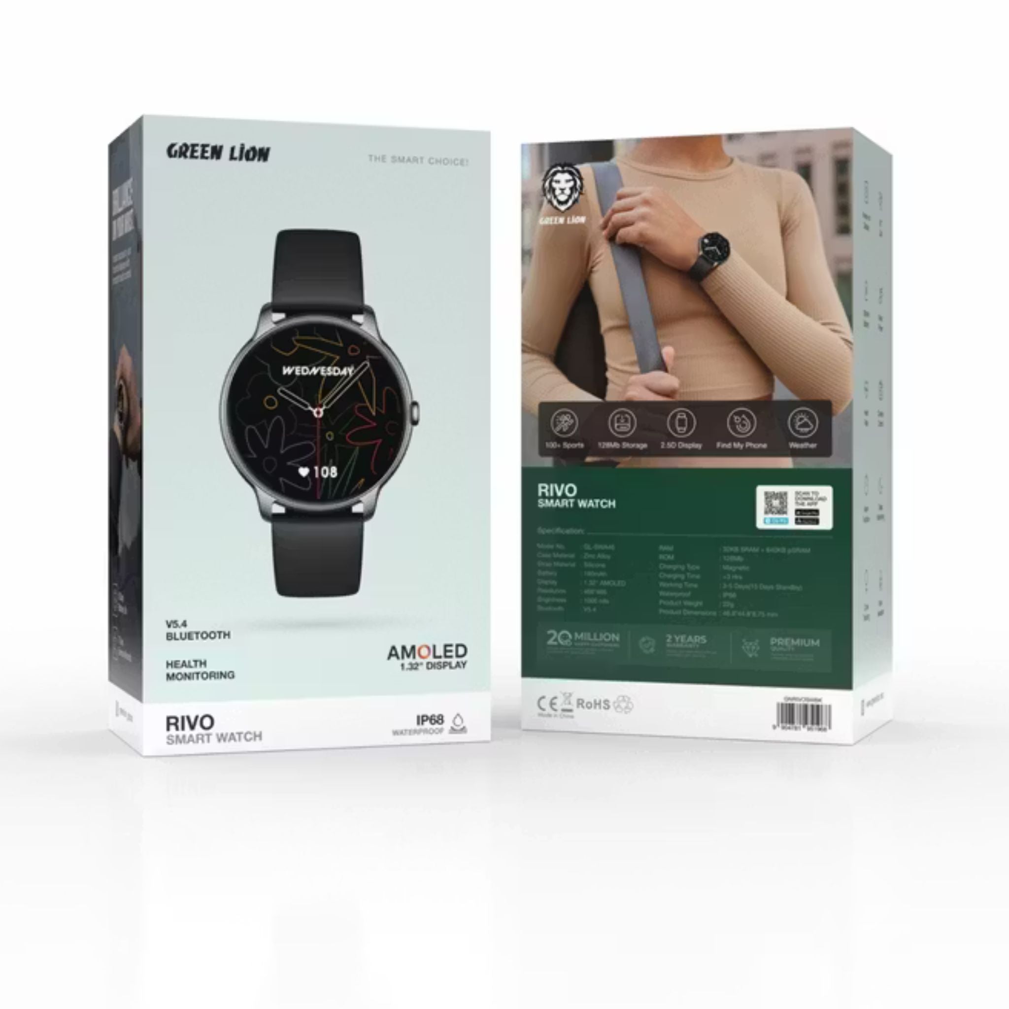 Green Lion Rivo Smart Watch with Always-On Display, 3-5 Days Working Time, 1.32" AMOLED Display, Bluetooth Version 5.4, 1000nits Brightness, Alarm Function, Camera Control, Health Monitoring - Black