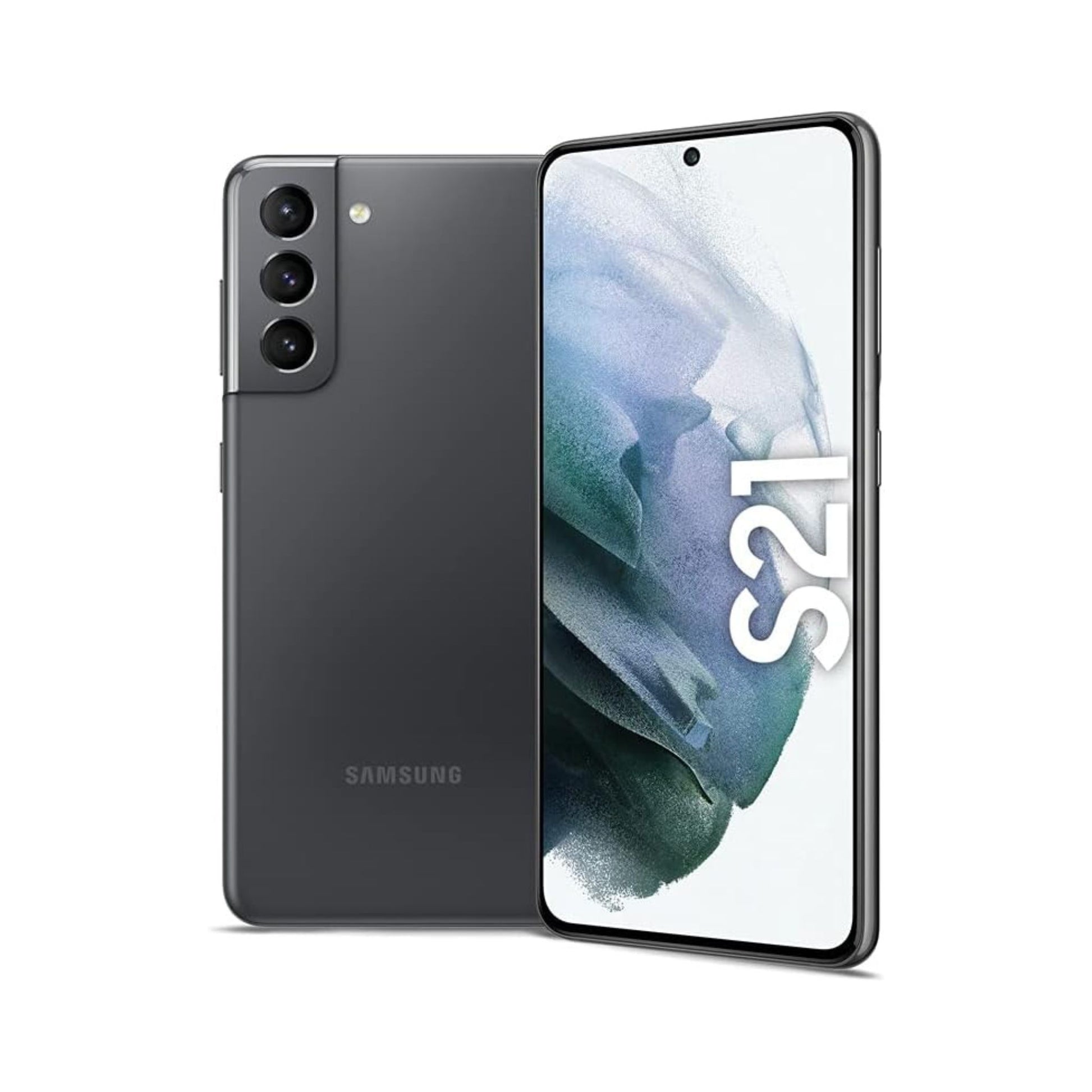 Samsung S21 smartphone showing back and front views on a white background