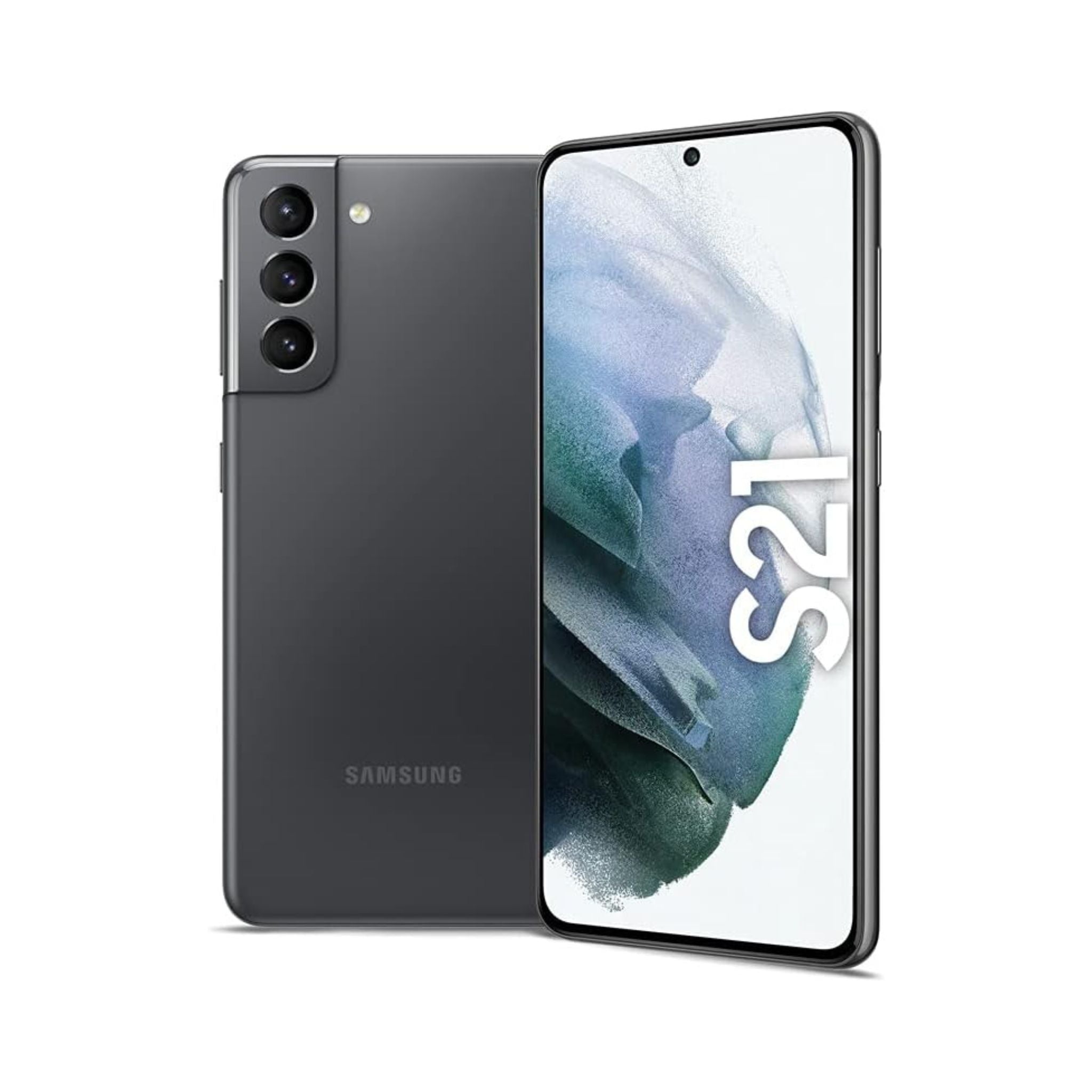 Samsung S21 smartphone showing back and front views on a white background