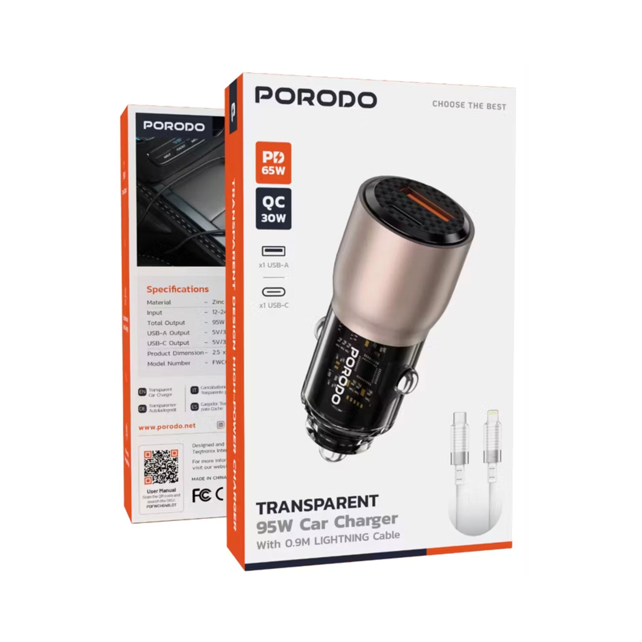 Porodo 95W Transparent Car Charger with 90cm USB-C to Lightning Cable, Zinc Alloy & PC Material, 30W USB-A & 65W USB-C Outputs, Simultaneous Fast Charging, Universal Compatibility - Desert Titanium