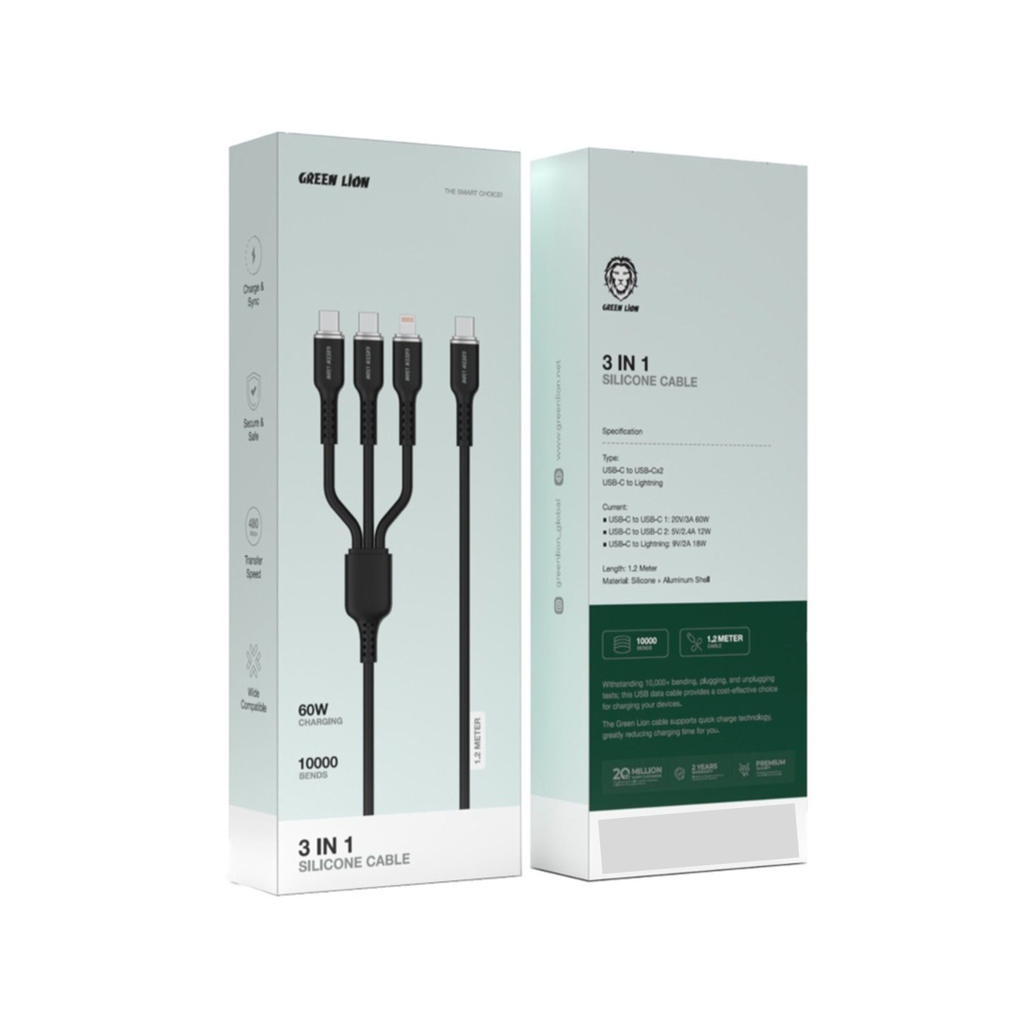 Green Lion 3in1 Silicone Cable, Wide Compatible, Charge & Sync, 10000 Bends, Secure & Safe - Black