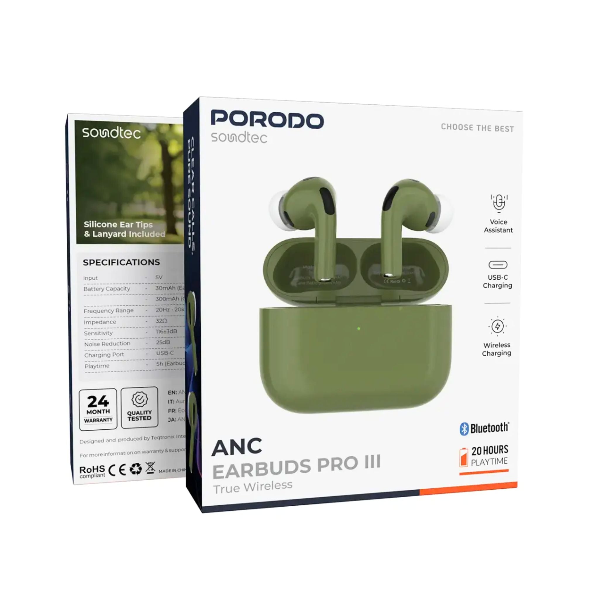 Porodo Soundtec ANC Earbuds Pro III True Wireless Bluetooth 5.4, Active Noise Cancellation 25dB, IPX4 Water Resistant, USB-C & Wireless Charging, 25m Range, 20H Total Playtime