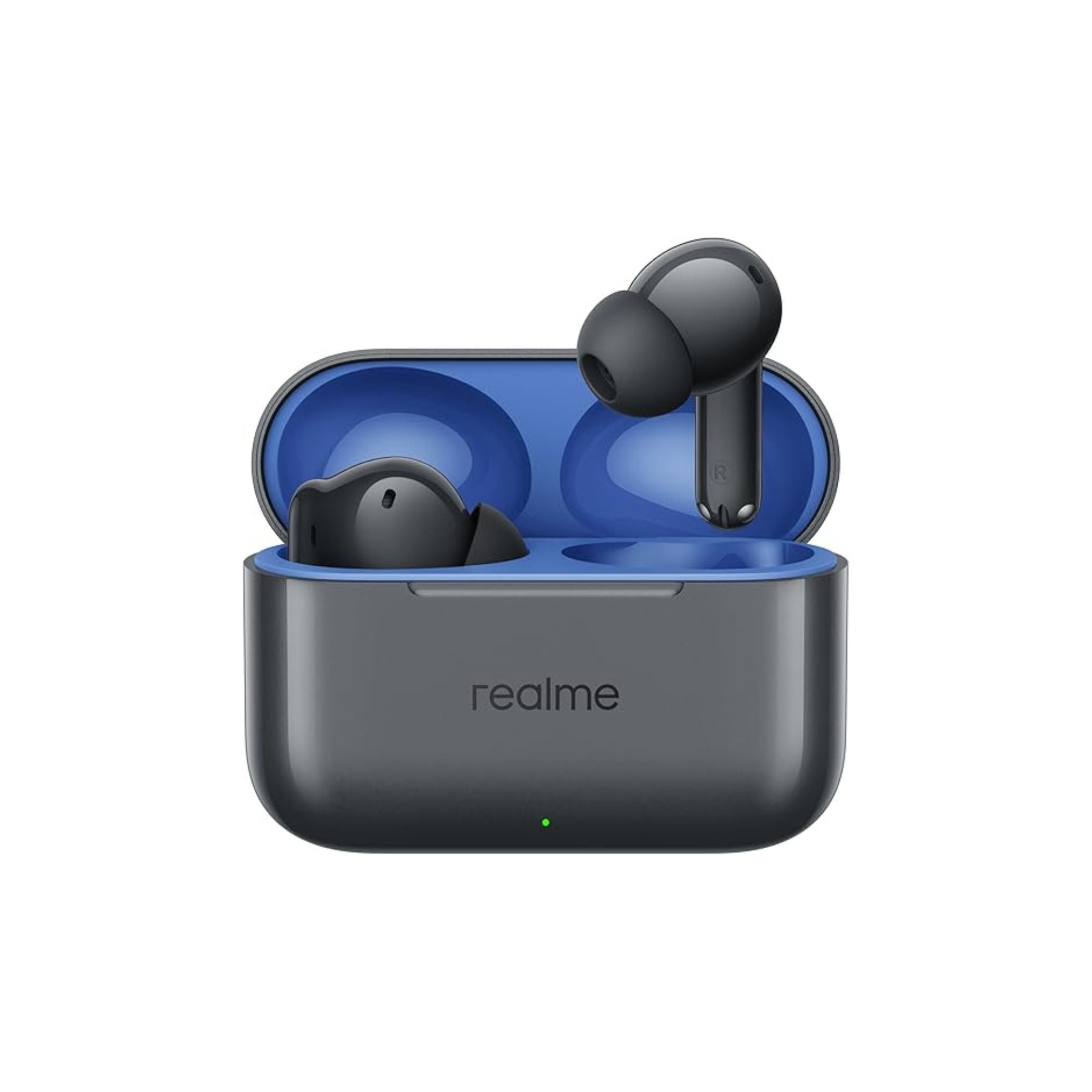 Realme wireless earbuds in open charging case on a white background