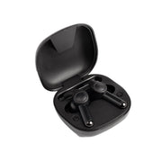 Black wireless earbuds with a charging case open, displaying the earbuds and the case's internal structure.