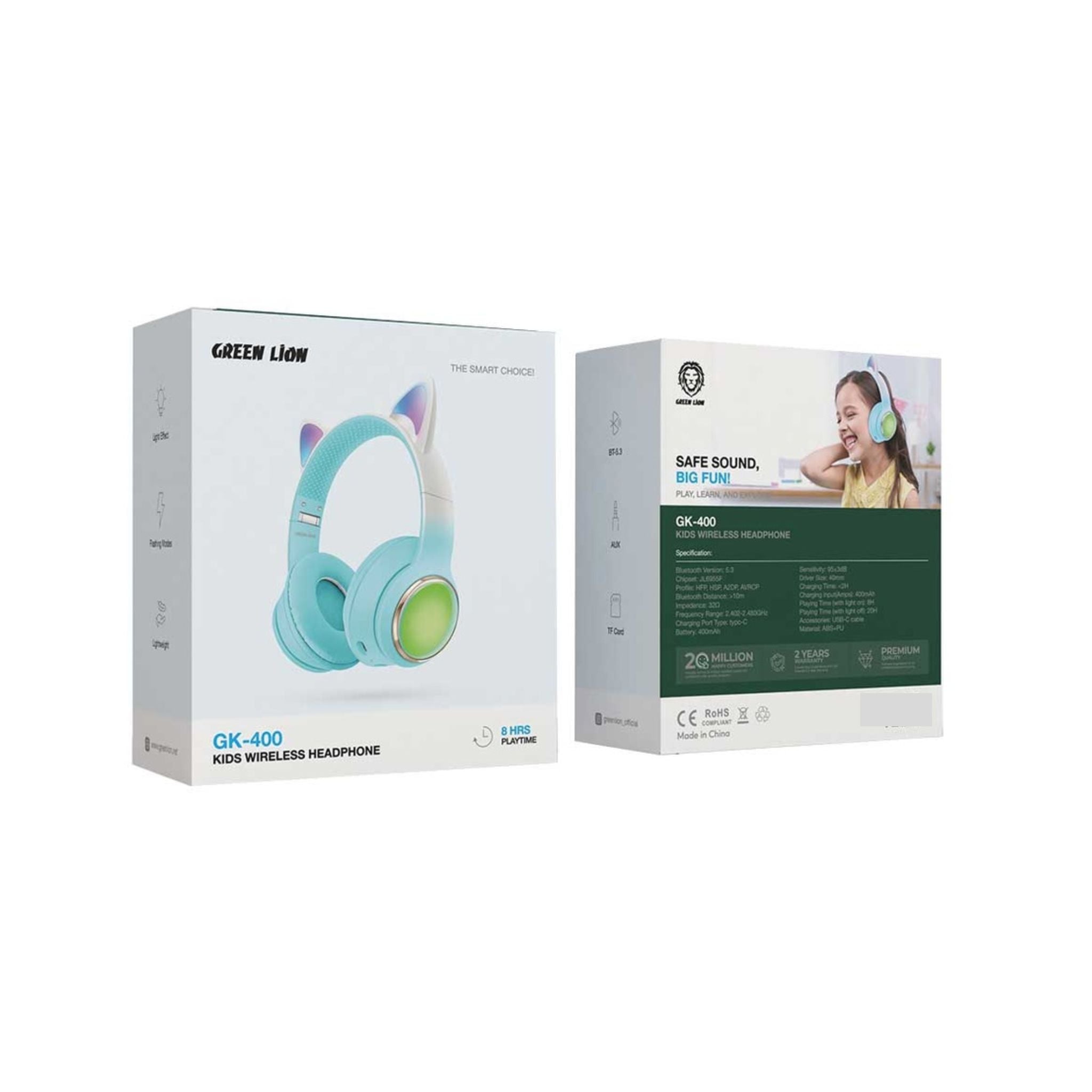 GREEN LION GL-400 Kids Wireless Headphones with Light Effect & Flashing Modes, Up to 20 Hours Working Time, Bluetooth Version 5.3, Lightweight Design - Blue