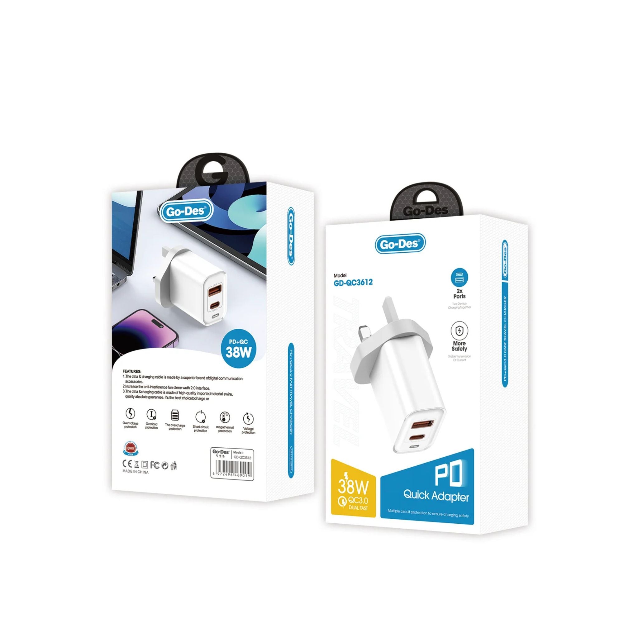 Go-Des 38W PD + QC 3.0 Dual-Port Fast Travel Charger USB-C USB-A Wall Adapter with Smart Protection