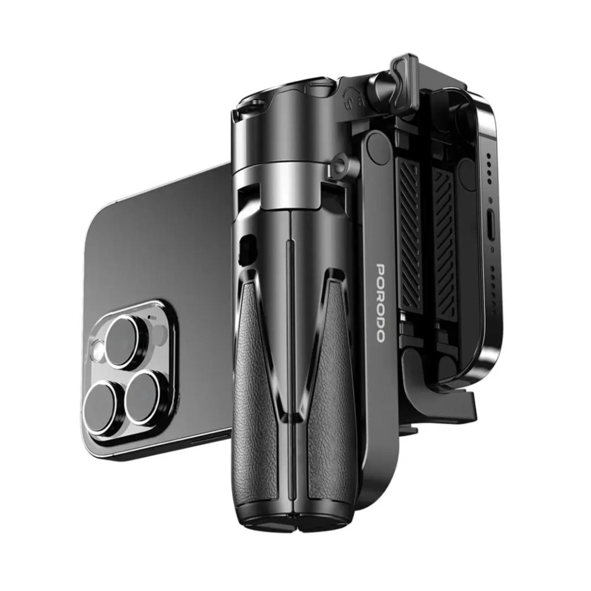 Porodo Foldable Selfie Stick with Tripod, ABS & Aluminum Alloy Material, Up to 5,000 photos Working Time, 1Hour Charging Time - Black