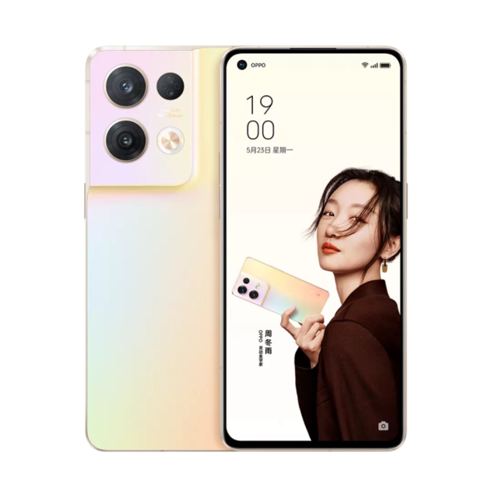 Smartphone with gradient design and a person holding the phone on a white background