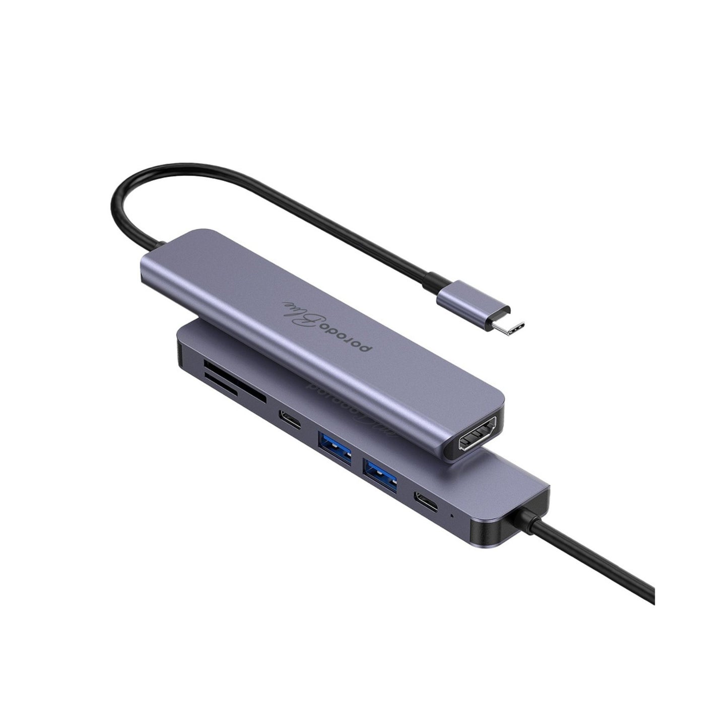 Porodo Blue 7in1 Hub HDMI 2XUSB-A 2XUSB-C SD MicroSD_Grey