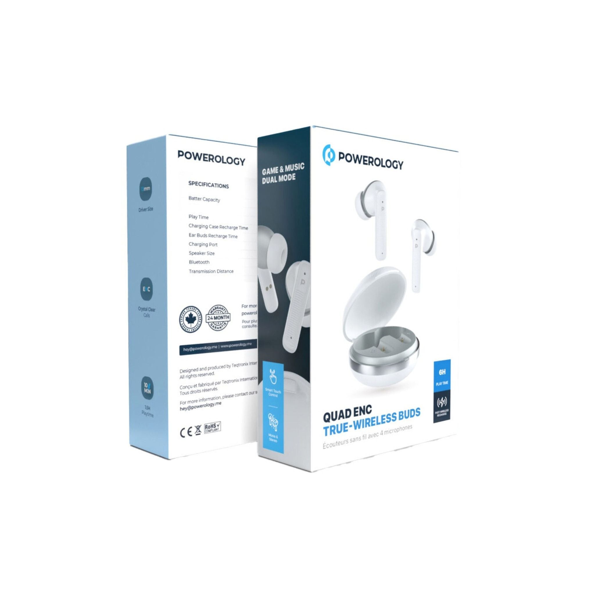 Powerology TWS Earbuds with Quad Mic ENC, 6h Playtime, Bluetooth 5.3, 30minutes Charging Time, 10m Transmission Distance, Type-C Port, Smart Touch Control, Wireless Charging - White