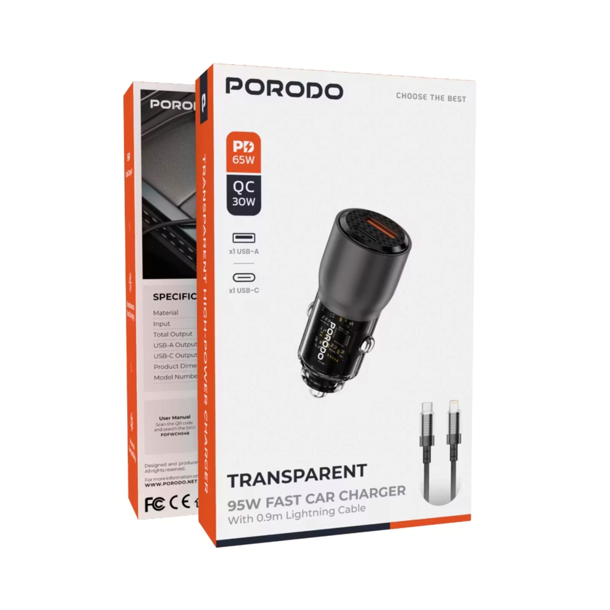 Porodo 95W Transparent Car Charger with 90cm USB-C to Lightning Cable, Zinc Alloy & PC Material, 30W USB-A & 65W USB-C Outputs, Simultaneous Fast Charging, Universal Compatibility - Gray