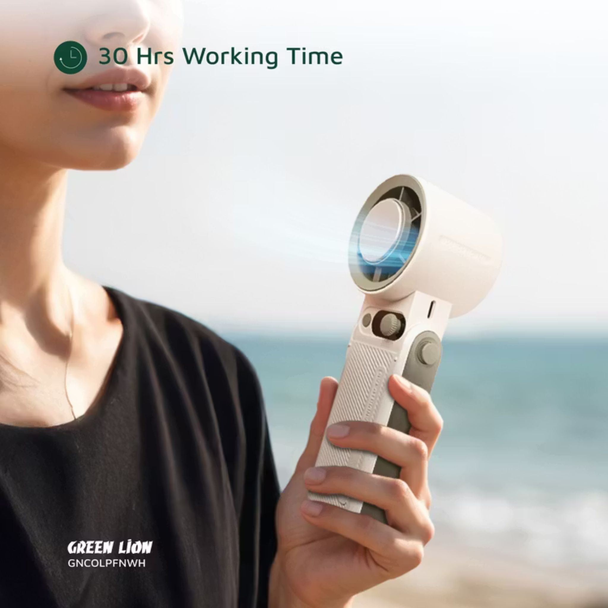 Green Lion Coolio Portable Fan with 1-199 Speed Levels, 6000mAh Battery Capacity, 5 Hours Charging Time, Type-C Charging Time, ABS + PC & Aluminum Alloy Material, 30 Hours Working Time, Silent Operation - White
