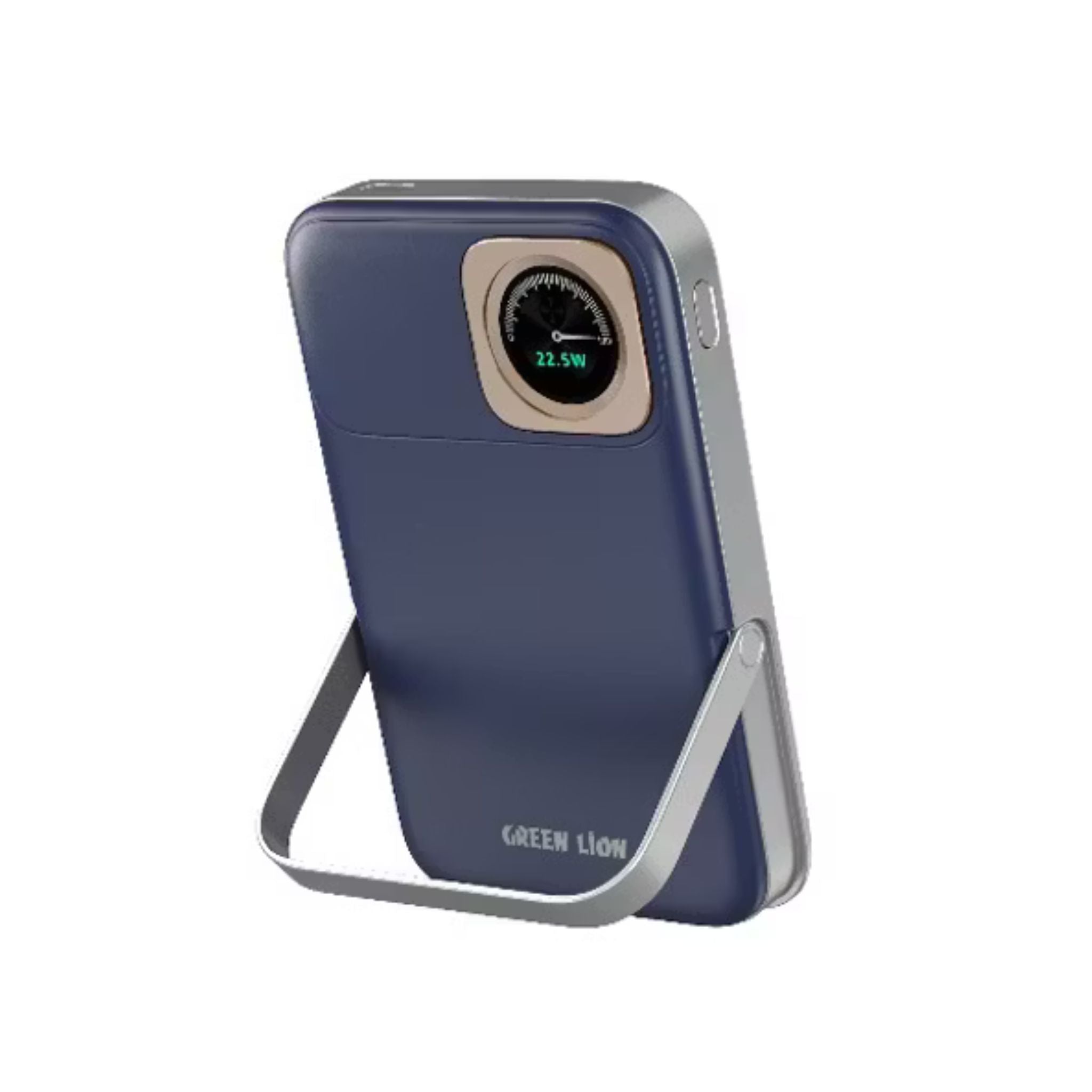 Green Lion Volt Gauge 10000mAh Power Bank with Dual USB-C Ports, ABS & PC Material, 15W Wireless Output, 22.5W Power Delivery, Flight Approved, Built-in Kickstand, Fast Charge Support - Blue