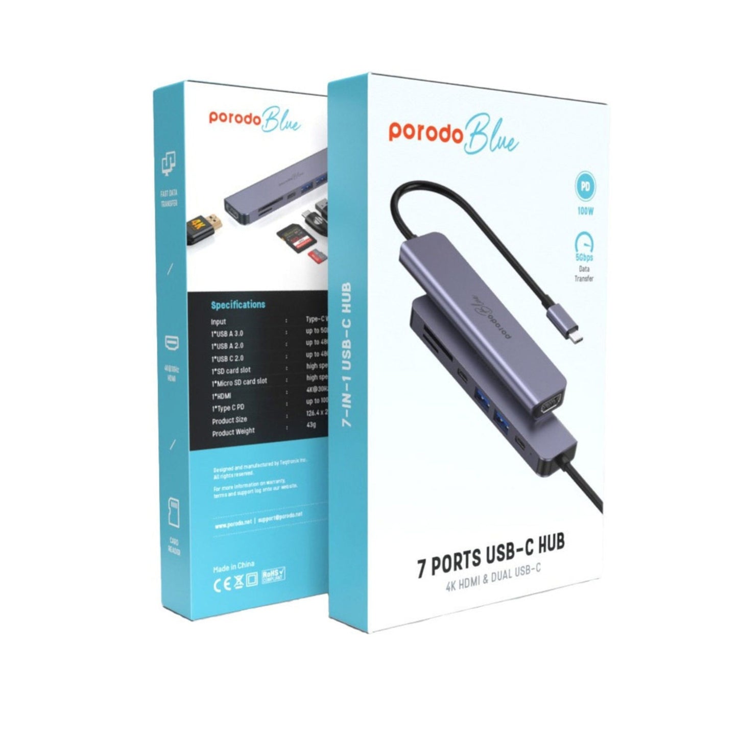 Porodo Blue 7in1 Hub HDMI 2XUSB-A 2XUSB-C SD MicroSD_Grey