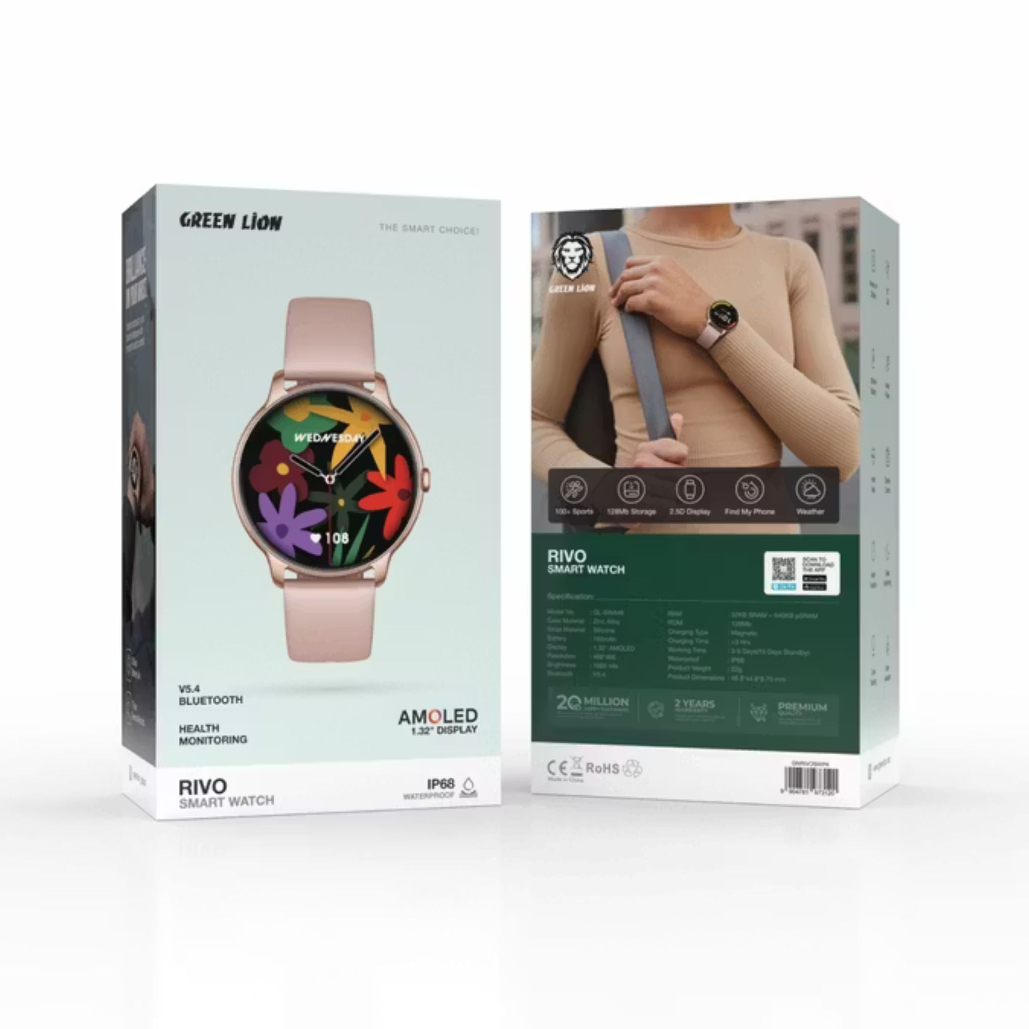 Green Lion Rivo Smart Watch with Always-On Display, 3-5 Days Working Time, 1.32" AMOLED Display, Bluetooth Version 5.4, 1000nits Brightness, Alarm Function, Camera Control, Health Monitoring - Pink