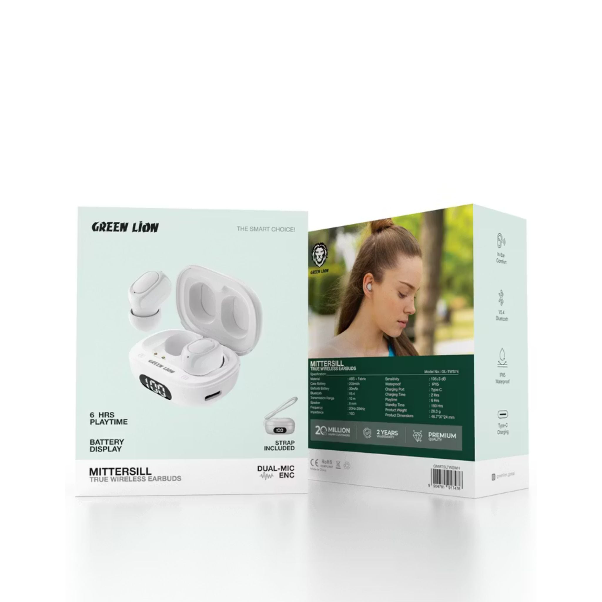Green Lion Mittersill True Wireless Earbuds with ENC, Up to 6 Hours Playtime, IPX5 Waterproof Resistance Level, Bluetooth Version 5.4, Up to 10m Transmission Range, Type-C Charging Port, Dual-Microphone, Strap Included
