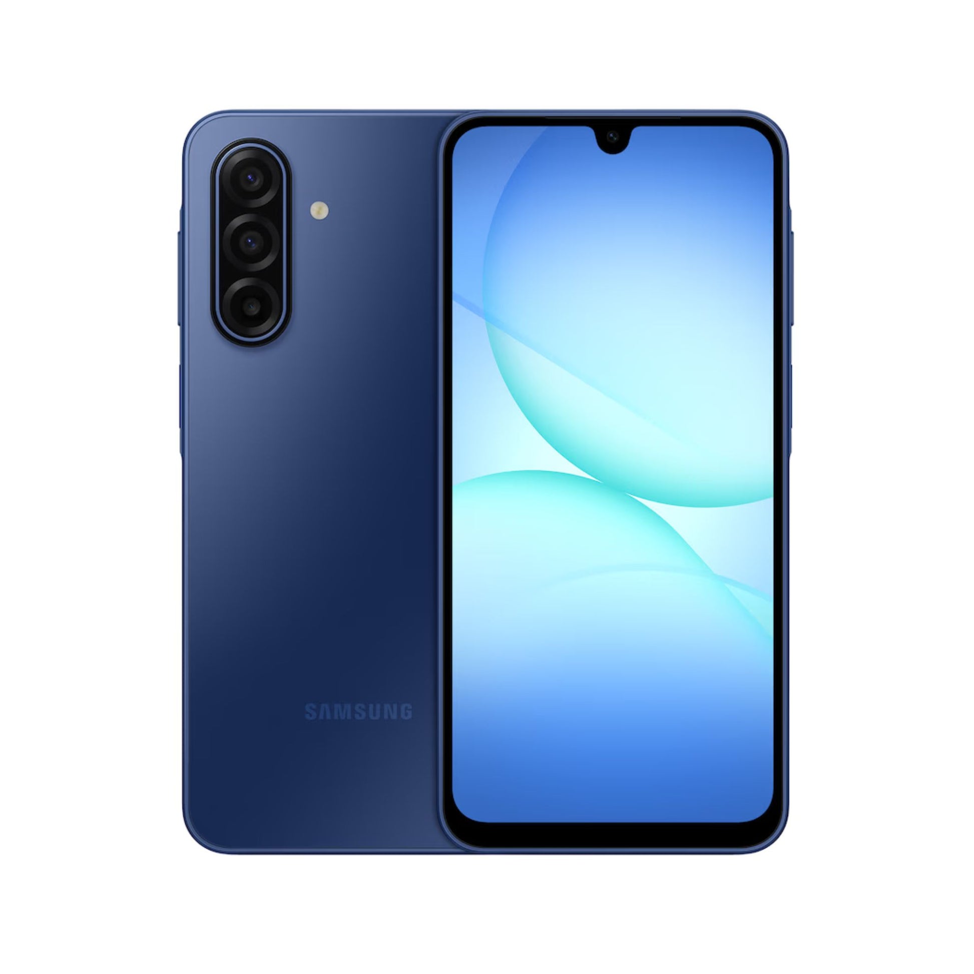 Samsung smartphone showing front and back on a white background