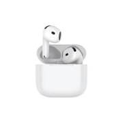 White wireless earbuds with charging case on a white background