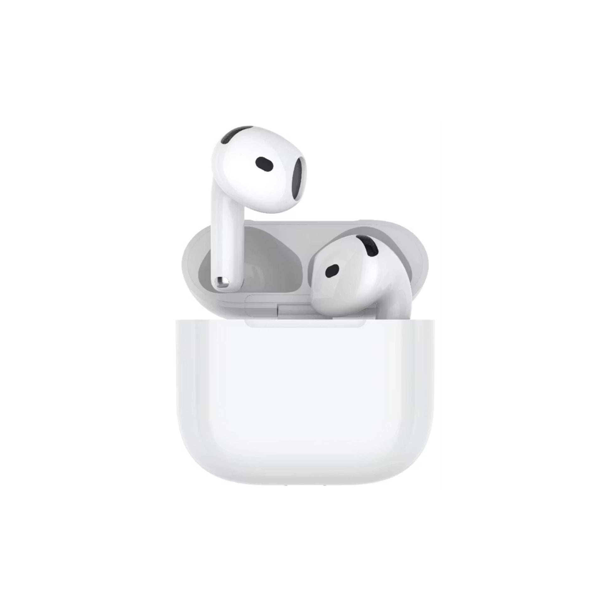 White wireless earbuds with charging case on a white background