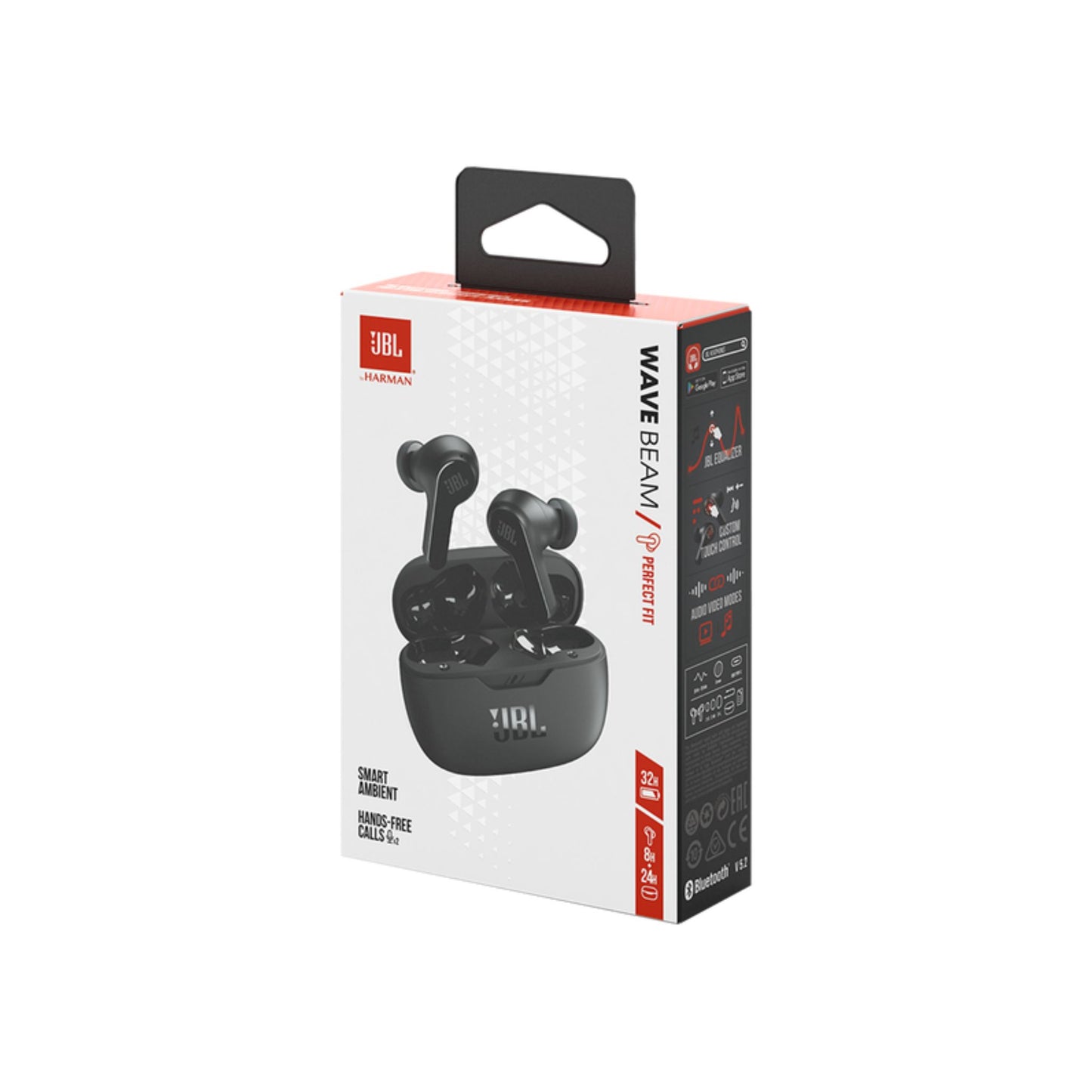 JBL Wave Beam True Wireless Earbuds, Deep Bass,Comfort Fit, 32H Battery, Smart Ambient, TalkThru, Hands-Free + VoiceAware, Water and Dust Resistant - Black