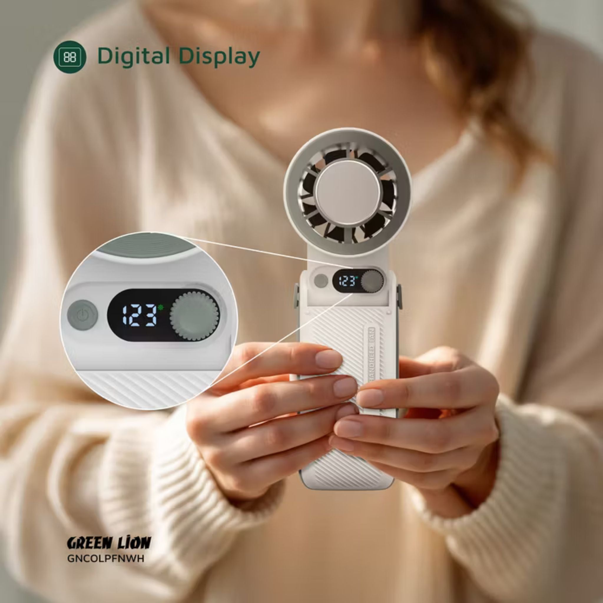 Green Lion Coolio Portable Fan with 1-199 Speed Levels, 6000mAh Battery Capacity, 5 Hours Charging Time, Type-C Charging Time, ABS + PC & Aluminum Alloy Material, 30 Hours Working Time, Silent Operation - White