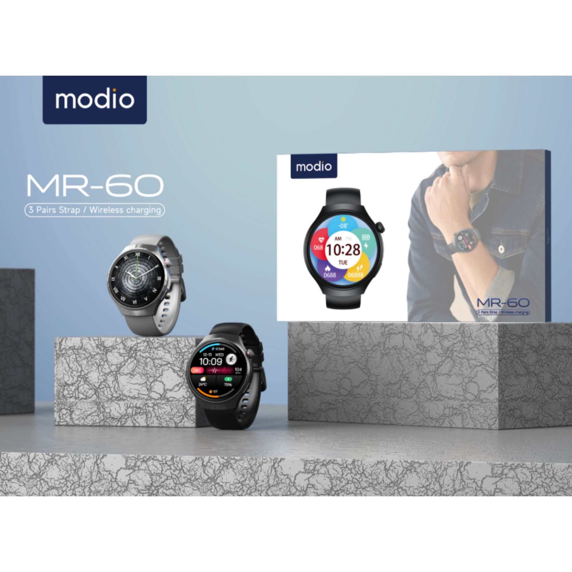 Modio MR-60 smartwatch displayed on a gray surface with a blue background