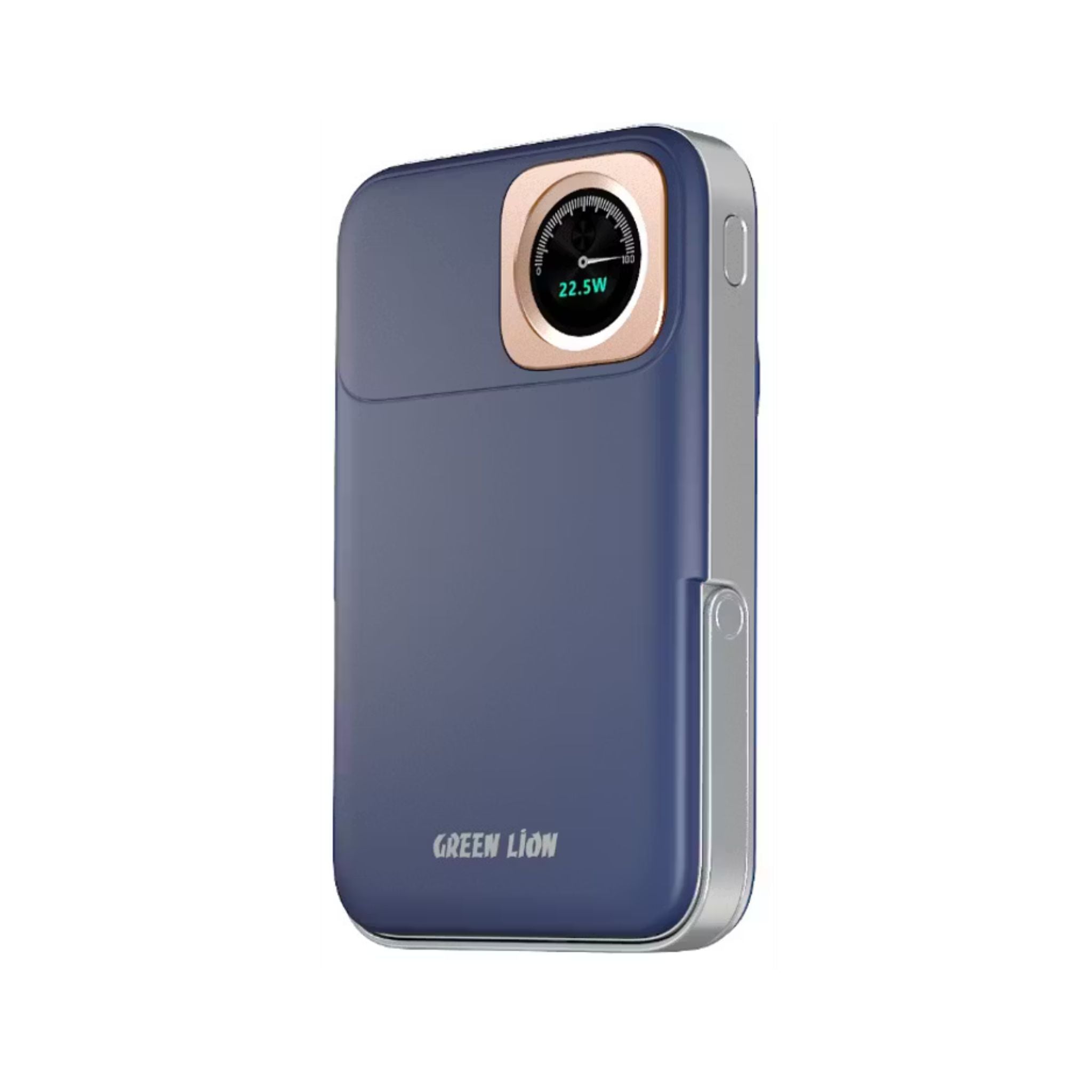 Green Lion Volt Gauge 10000mAh Power Bank with Dual USB-C Ports, ABS & PC Material, 15W Wireless Output, 22.5W Power Delivery, Flight Approved, Built-in Kickstand, Fast Charge Support - Blue
