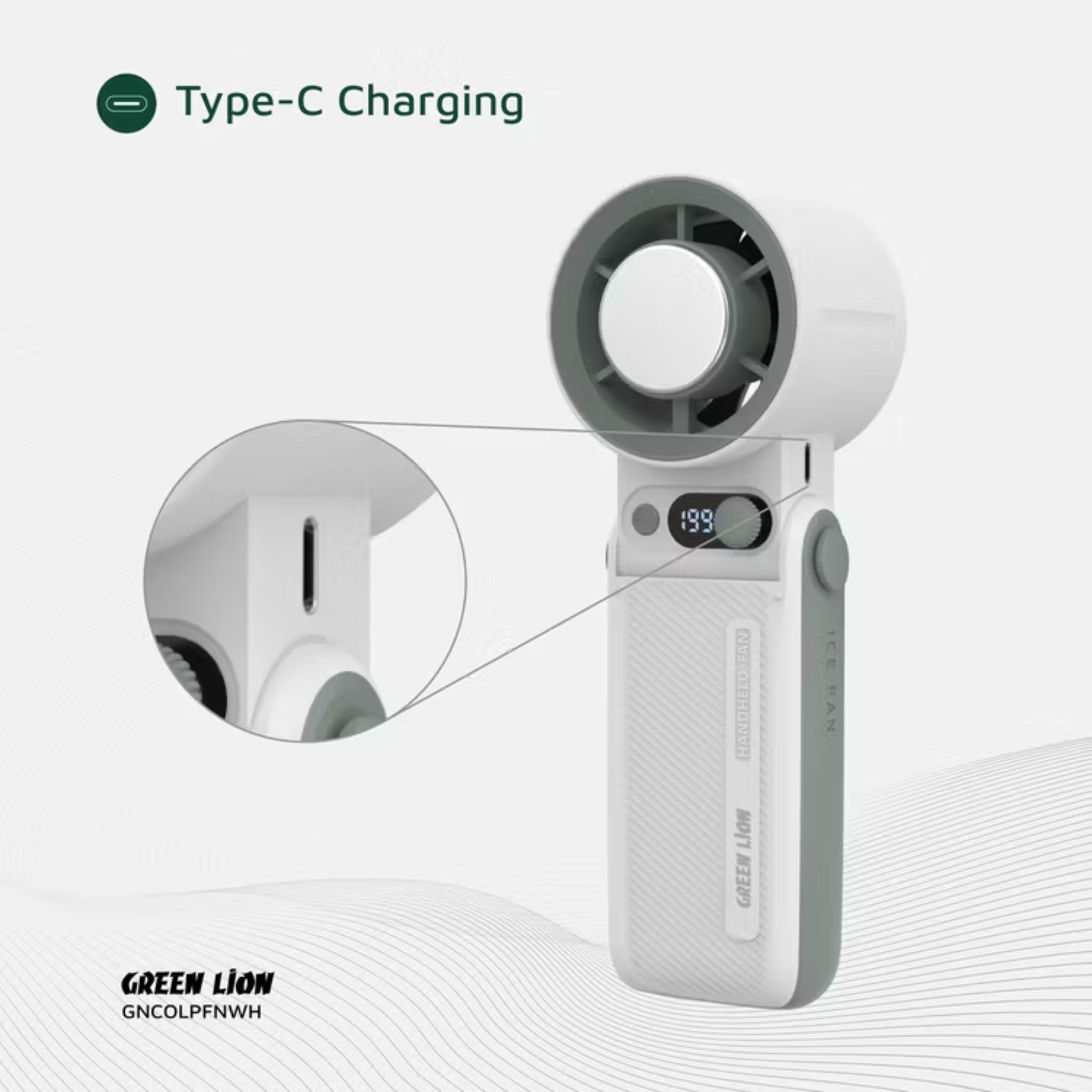 Green Lion Coolio Portable Fan with 1-199 Speed Levels, 6000mAh Battery Capacity, 5 Hours Charging Time, Type-C Charging Time, ABS + PC & Aluminum Alloy Material, 30 Hours Working Time, Silent Operation - White