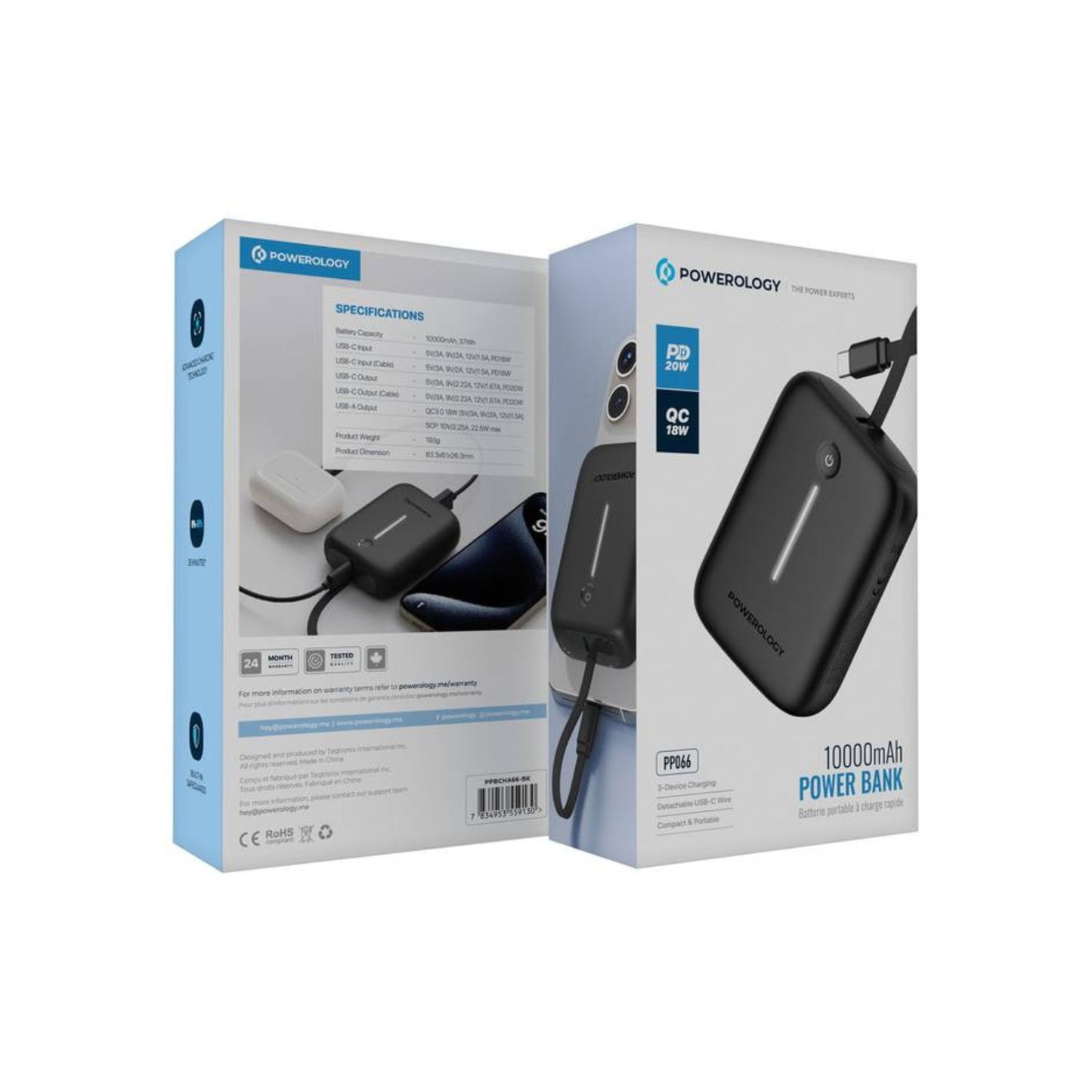 Powerology 10000mAh Power Bank with Detachable USB-C Wire, 20W Power Delivery, 3-Device Charging, Long Time Standby, Universal Phone Compatibility, Built-in Safeguards - Black