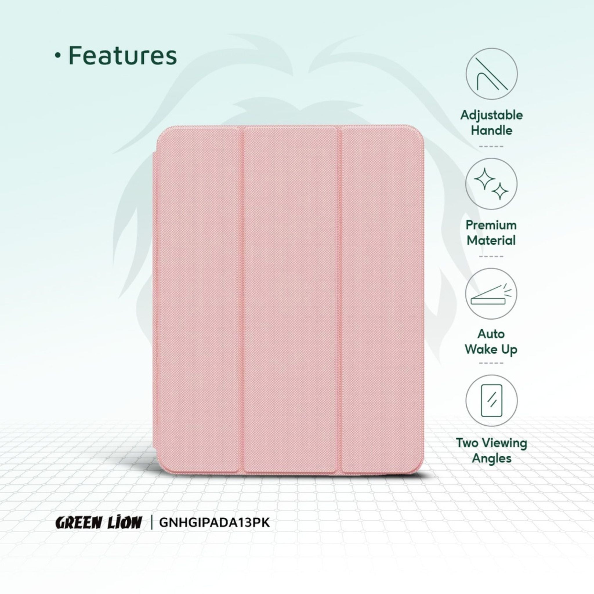 Green Lion Hogo Premium Case with Pencil Holder for iPad Pro 13", Ultra Slim Fit, Stable Tri-Fold Stand, Built-in Pencil Holder, Magnetic Smart Cover, Auto Sleep/Wake - Pink