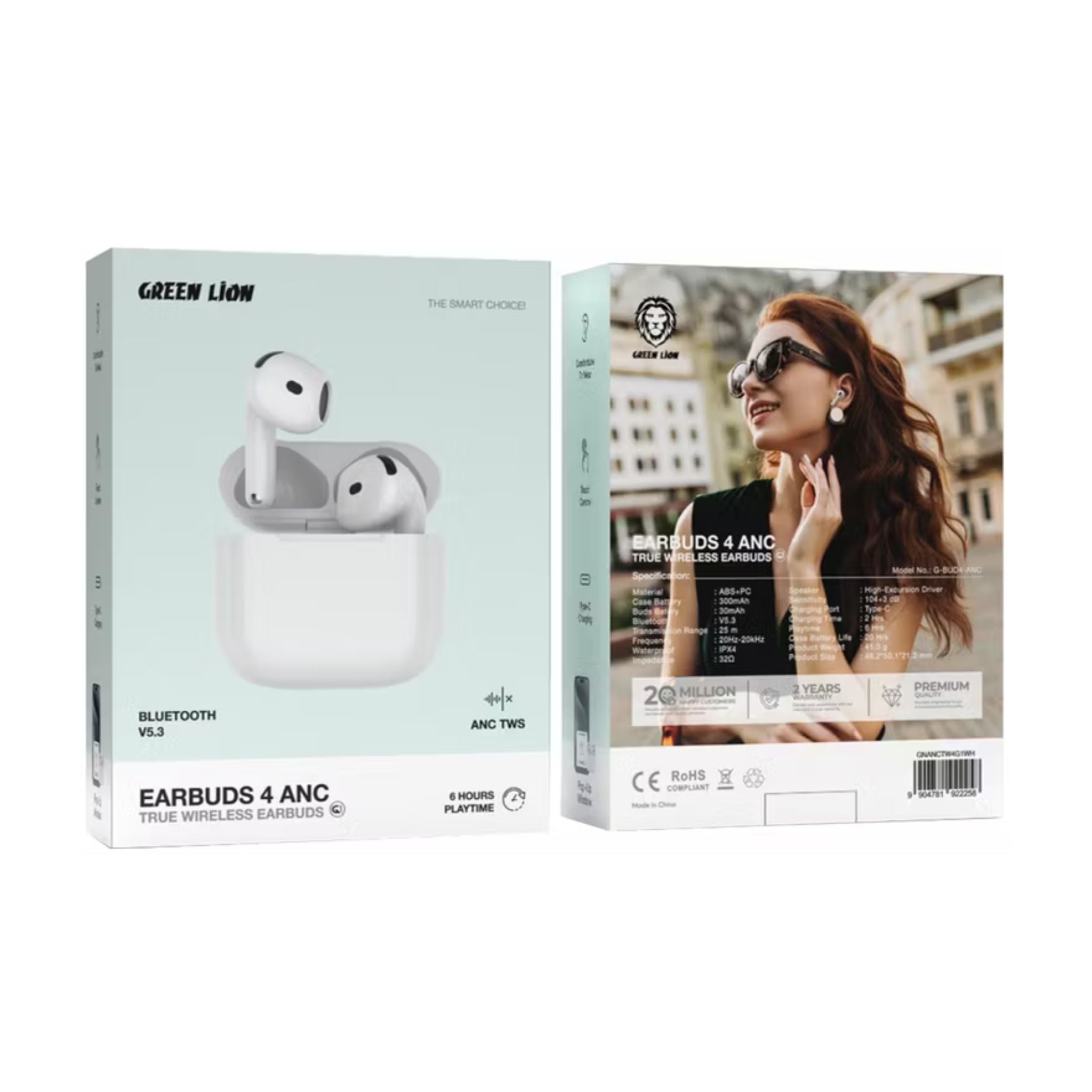 Green Lion TWS Earbuds 4 ANC, BT 5.3, ABS/PC, IPX4, Type-C, 300mAh case, 25m range, 2h charge, 6h play, touch control_White