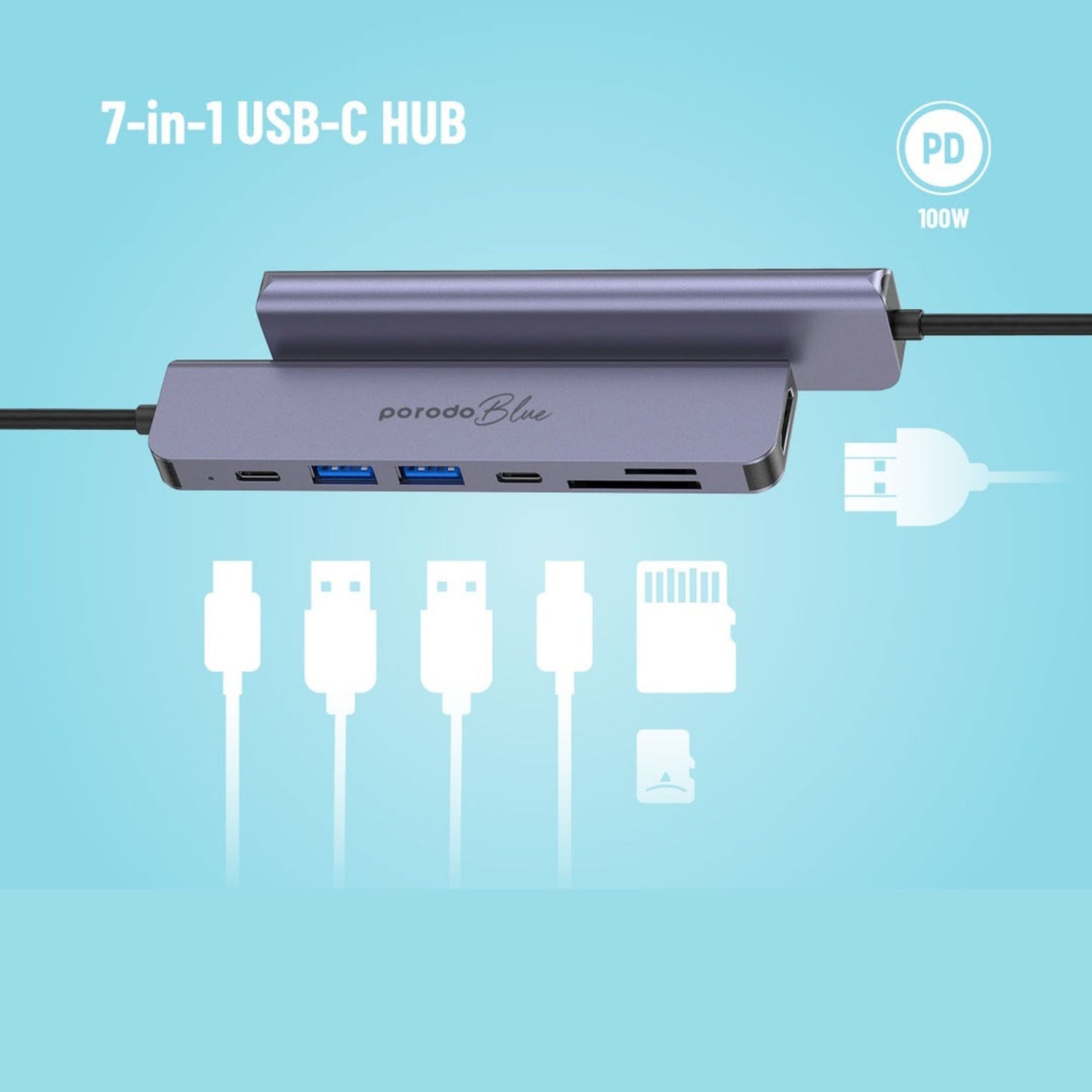 Porodo Blue 7in1 Hub HDMI 2XUSB-A 2XUSB-C SD MicroSD_Grey