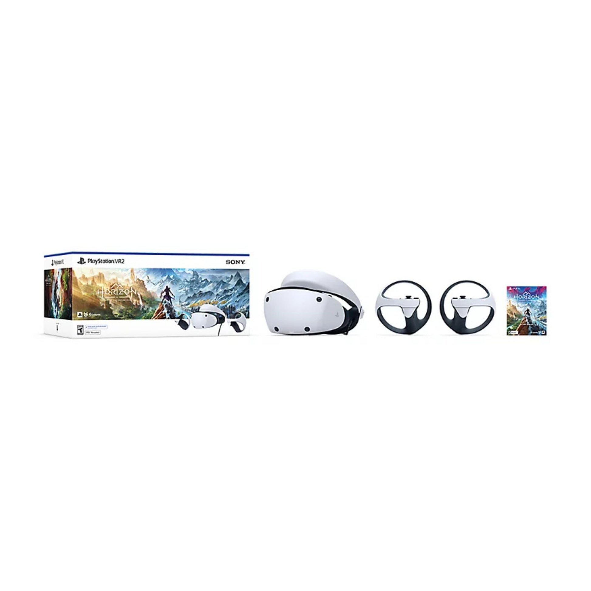 PlayStation VR headset and controllers with game box on a white background