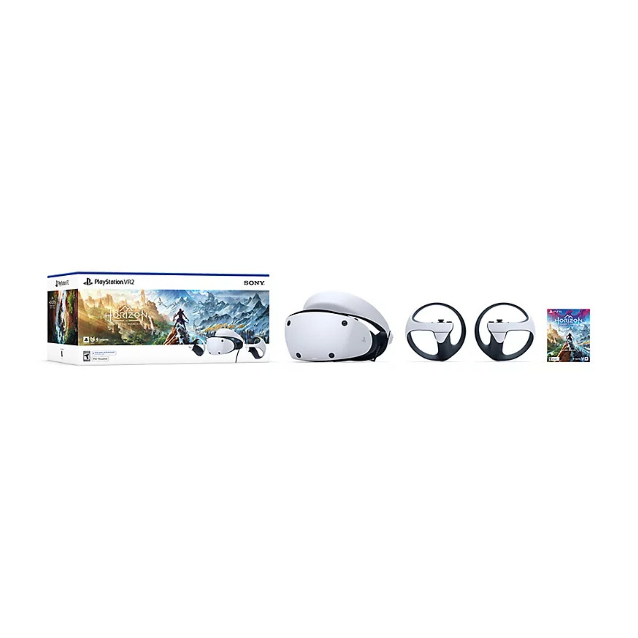 PlayStation VR headset and controllers with game box on a white background