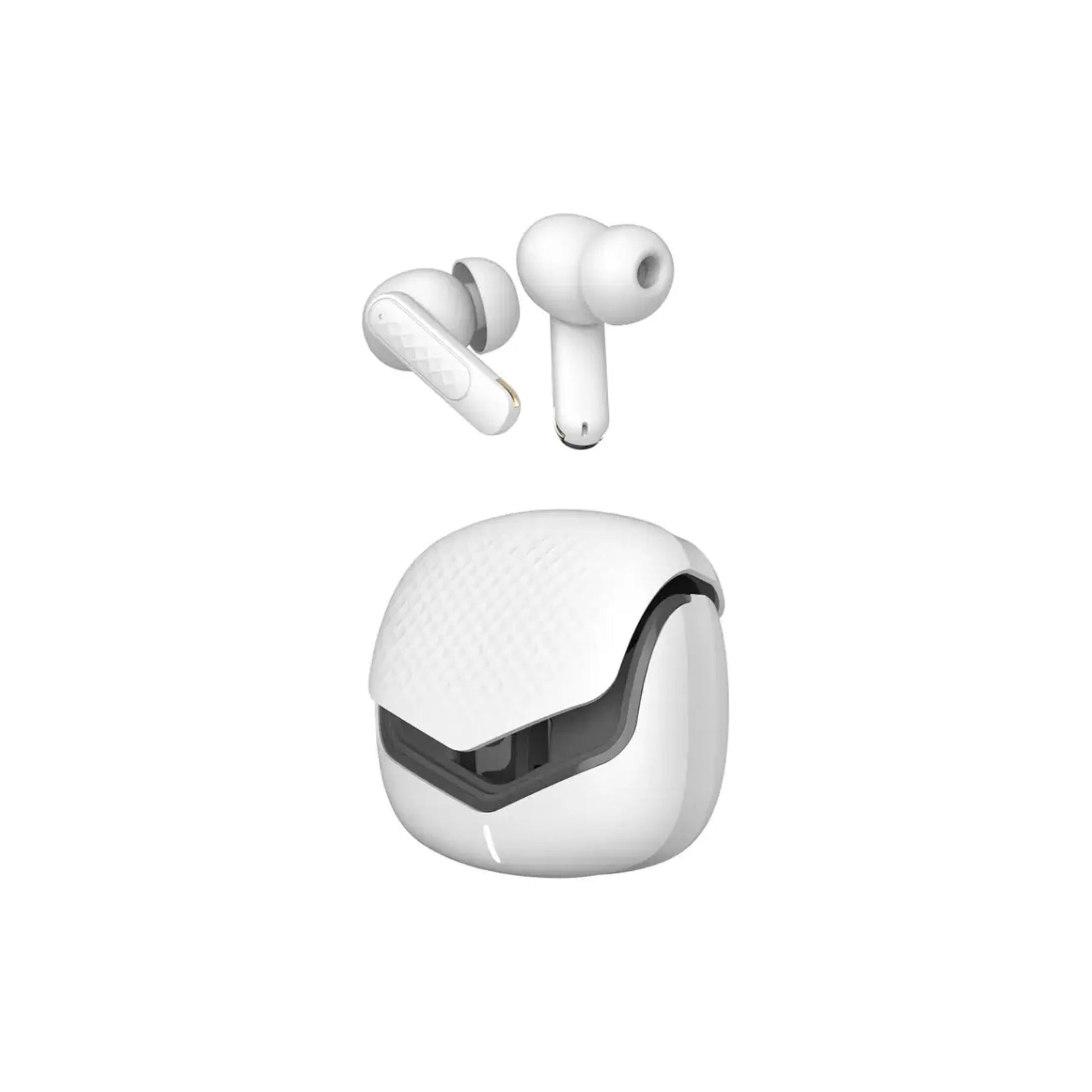 White wireless earbuds with charging case on a white background