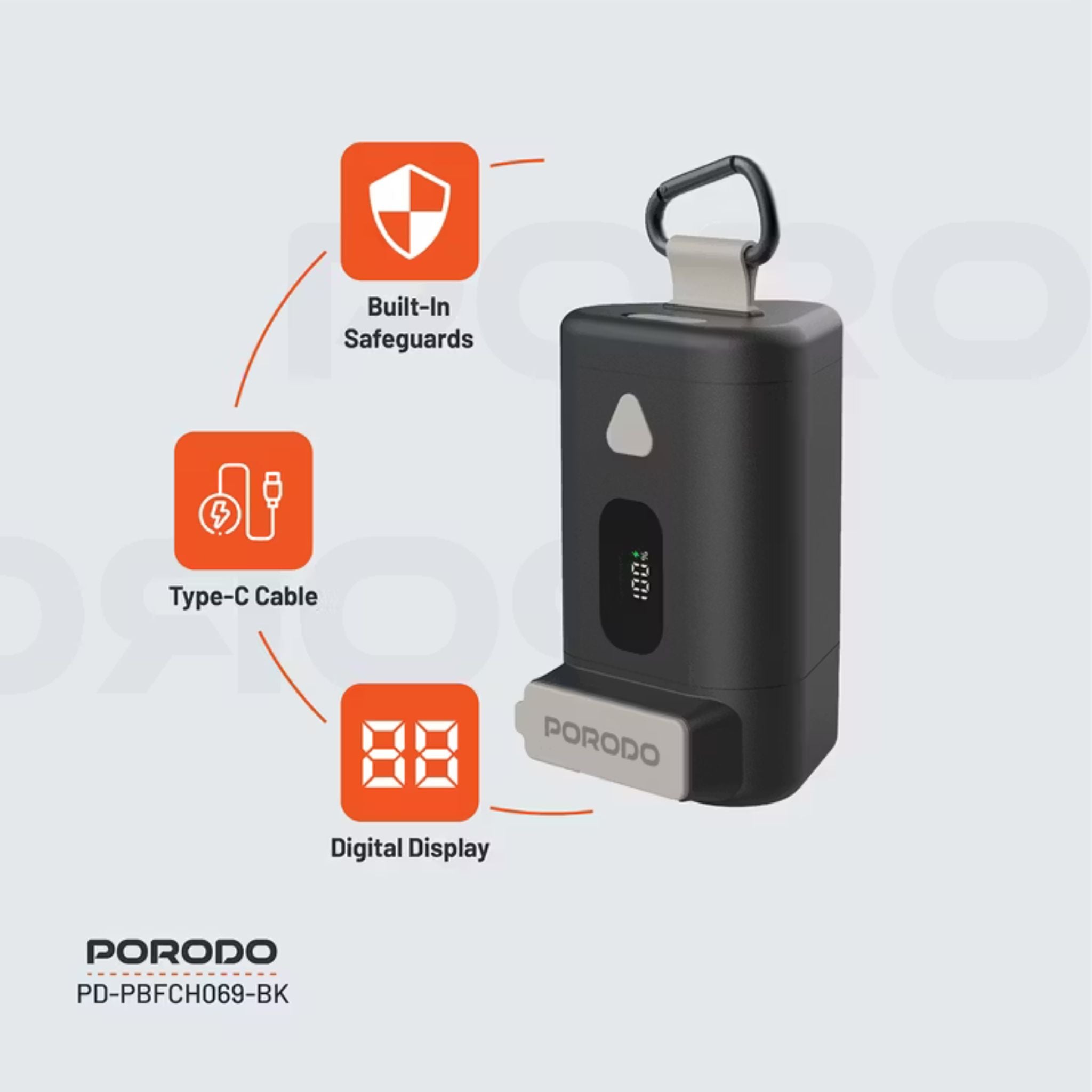 Porodo 15000mAh Power Bank with 70cm Retractable Type-C Cable, 65W Power Delivery, Built-in Safeguards, Digital Display, 0-40°C Operating Temperature - Black